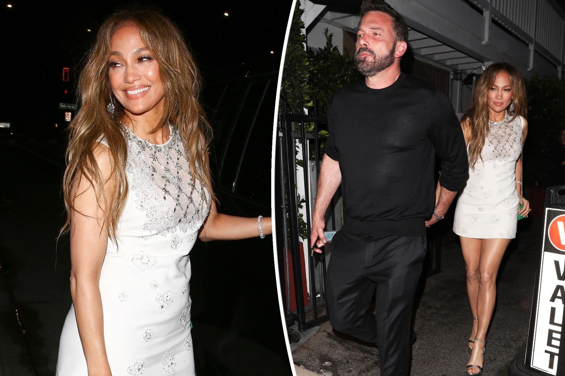 Jennifer Lopez smiles in bridal white for first anniversary dinner with stoic Ben Affleck