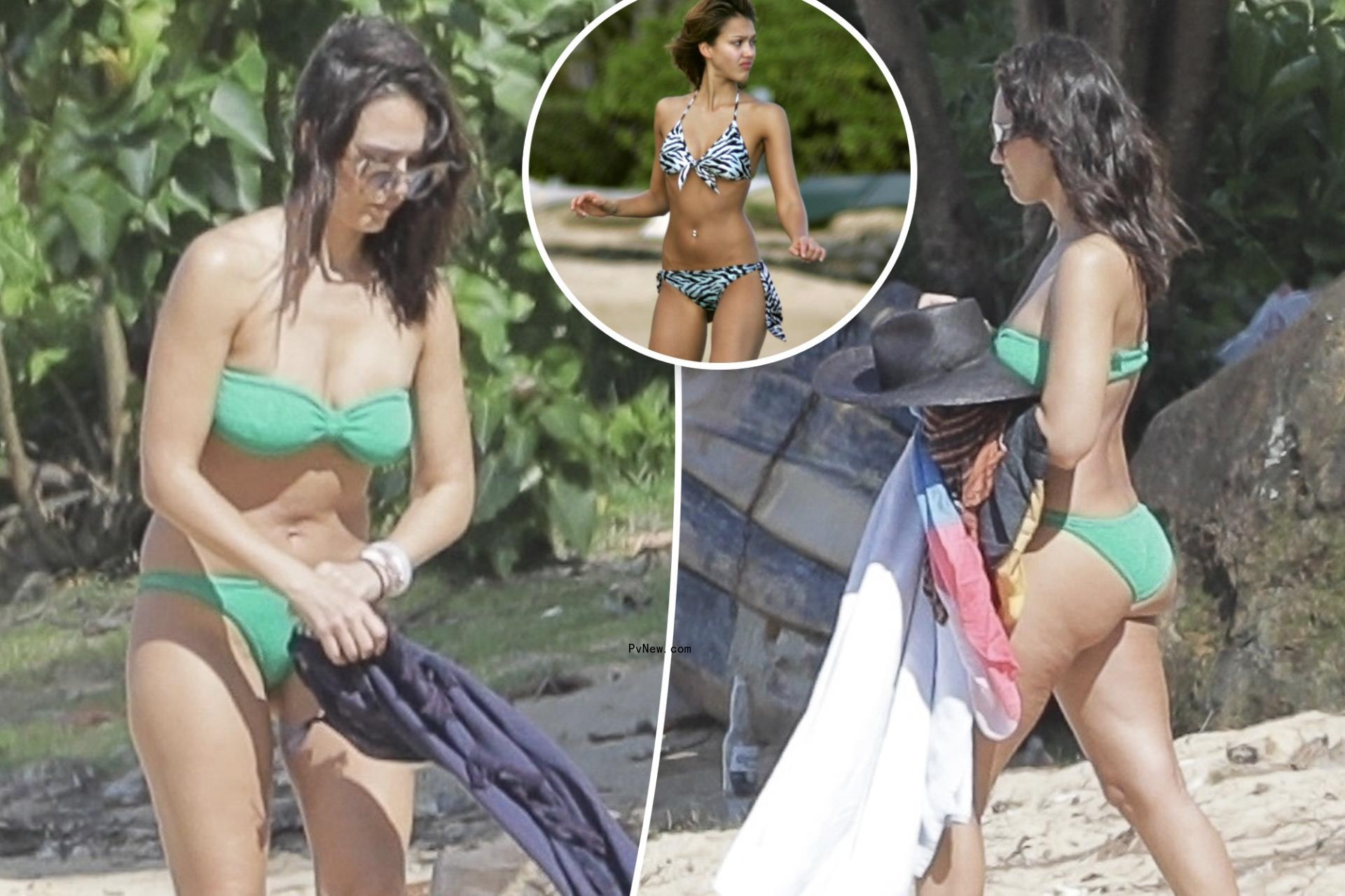 Jessica Alba hits the beach in a green bikini on family vacation
