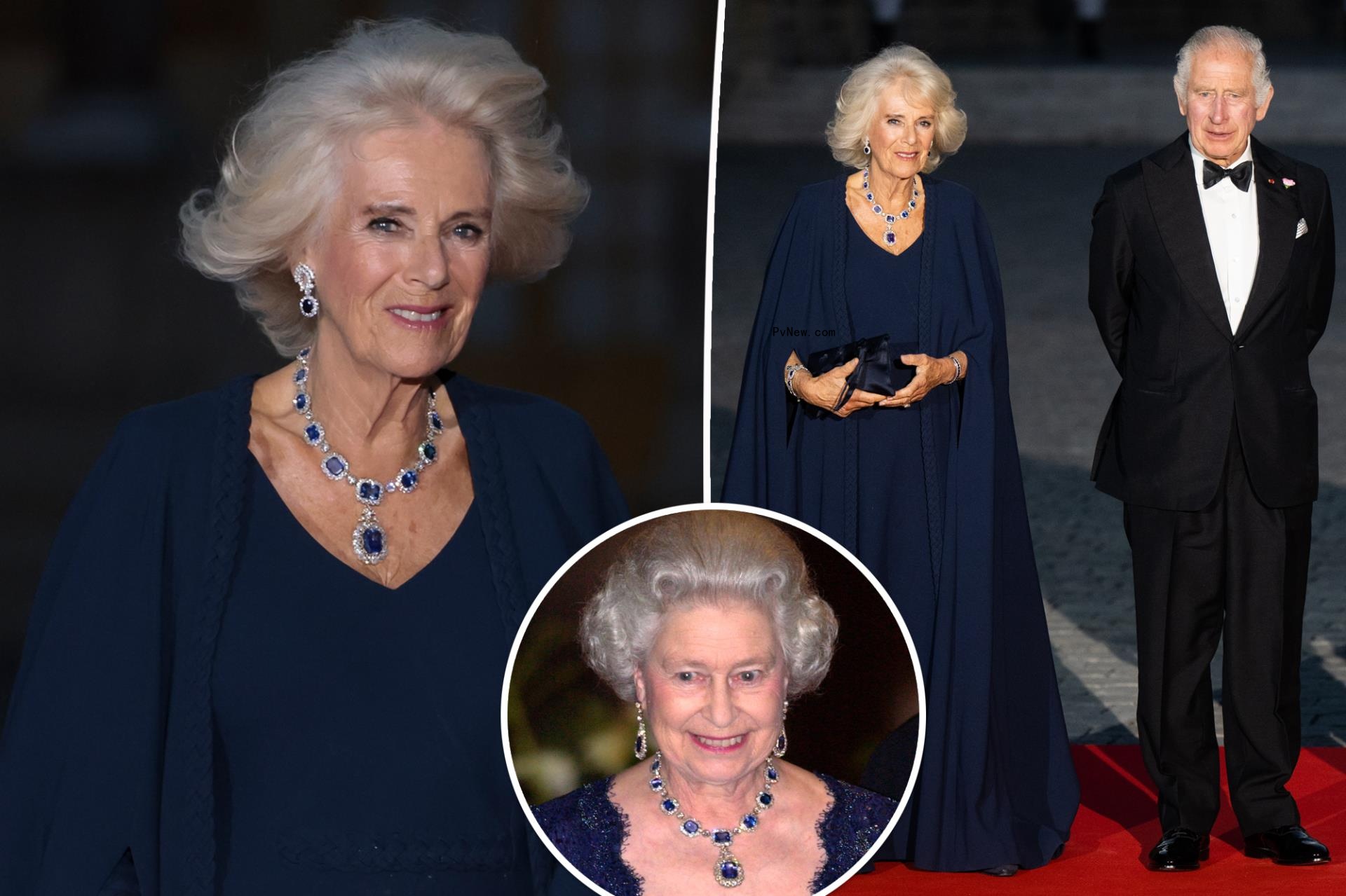 Camilla brings the drama in Dior cape gown, Queen Elizabeth’s sapphires at glittering Versailles dinner