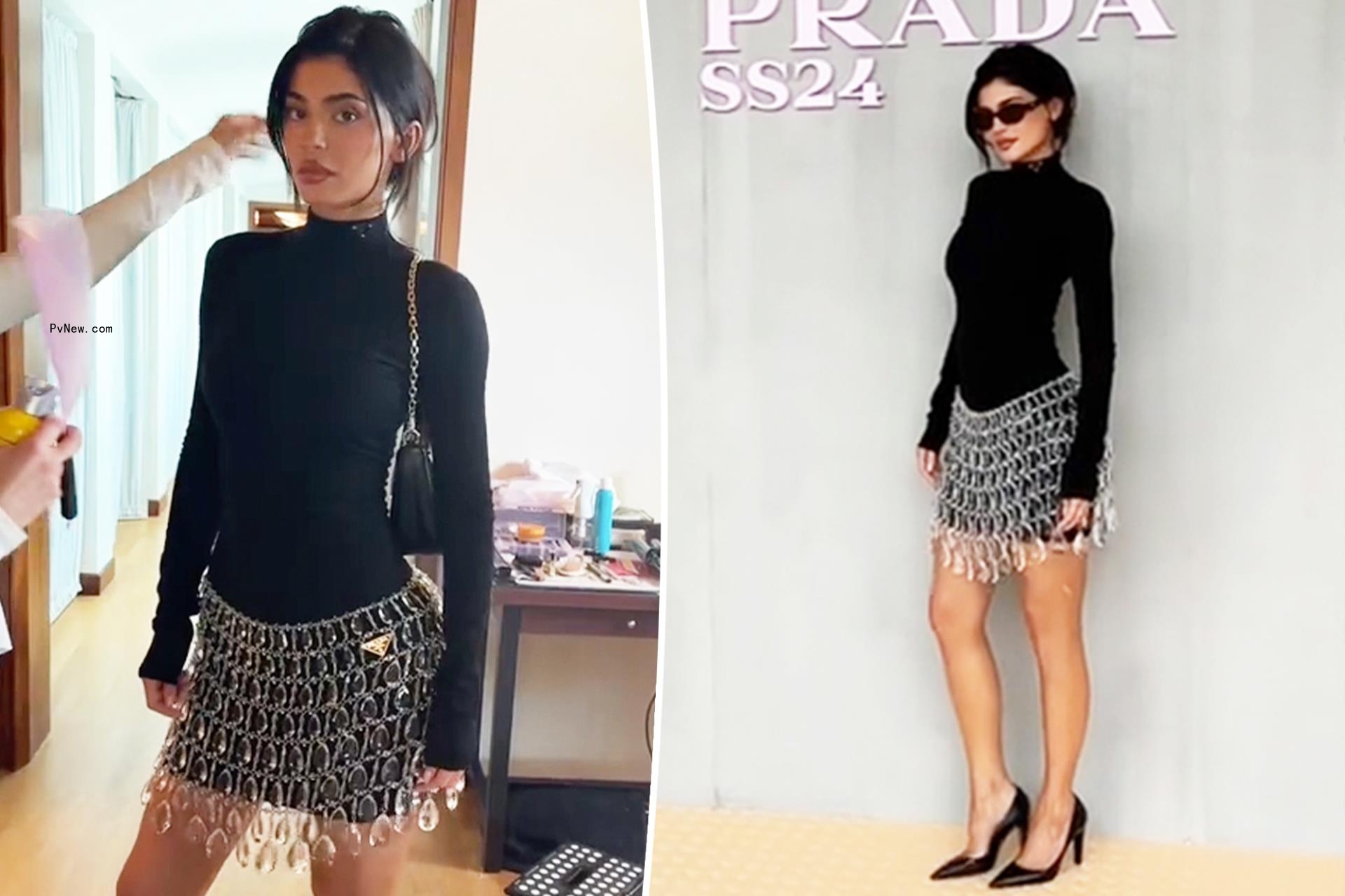 Kylie Jenner hits Prada fashion show in crystal chandelier miniskirt during Milan Fashion Week