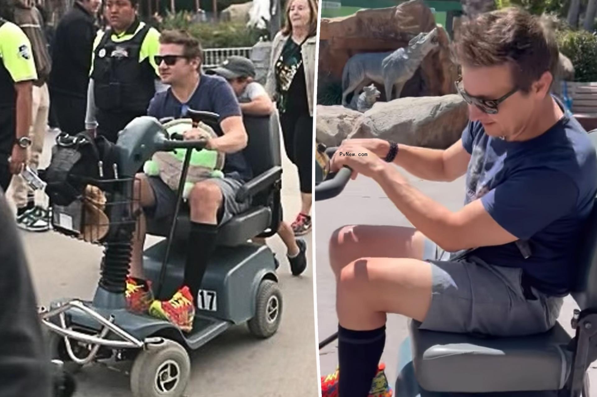 Jeremy Renner tours Six Flags on scooter after snowplow accident