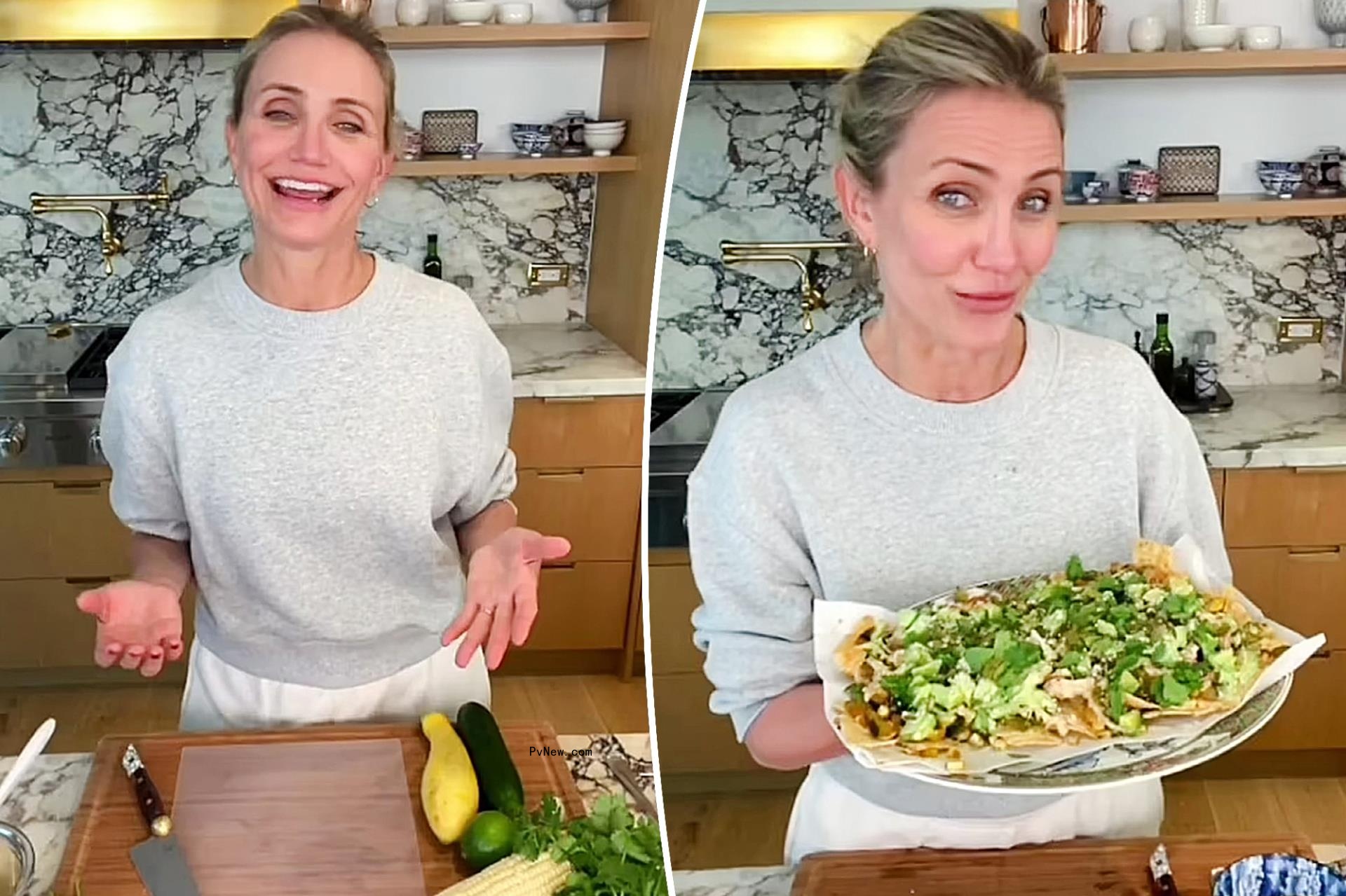 Cameron Diaz ditches salad and whips up cheesy chicken nachos in cooking video: ‘I could cry’