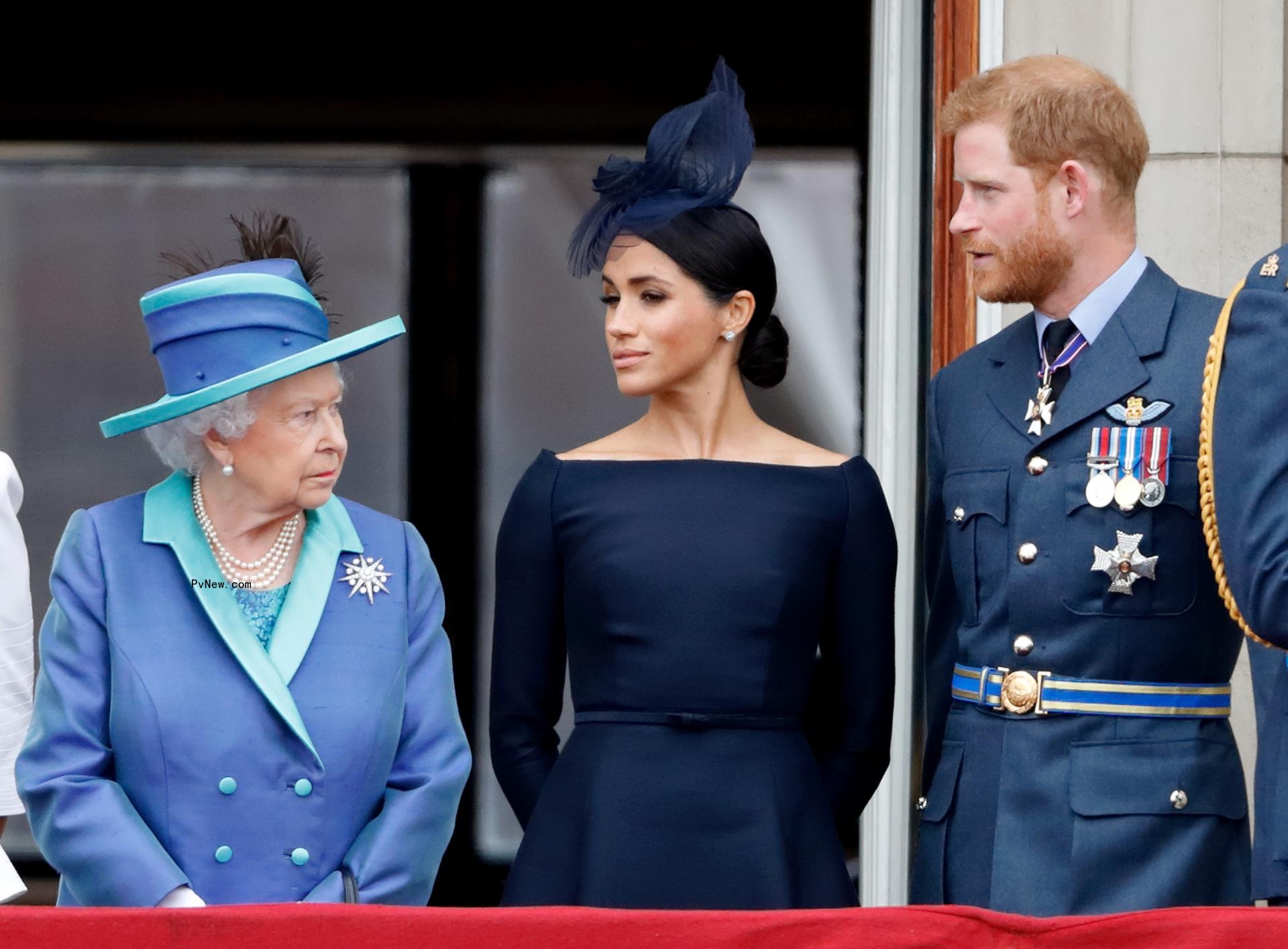 The Queen, Meghan Markle and Prince Harry at Buckingham Palace in 2018.