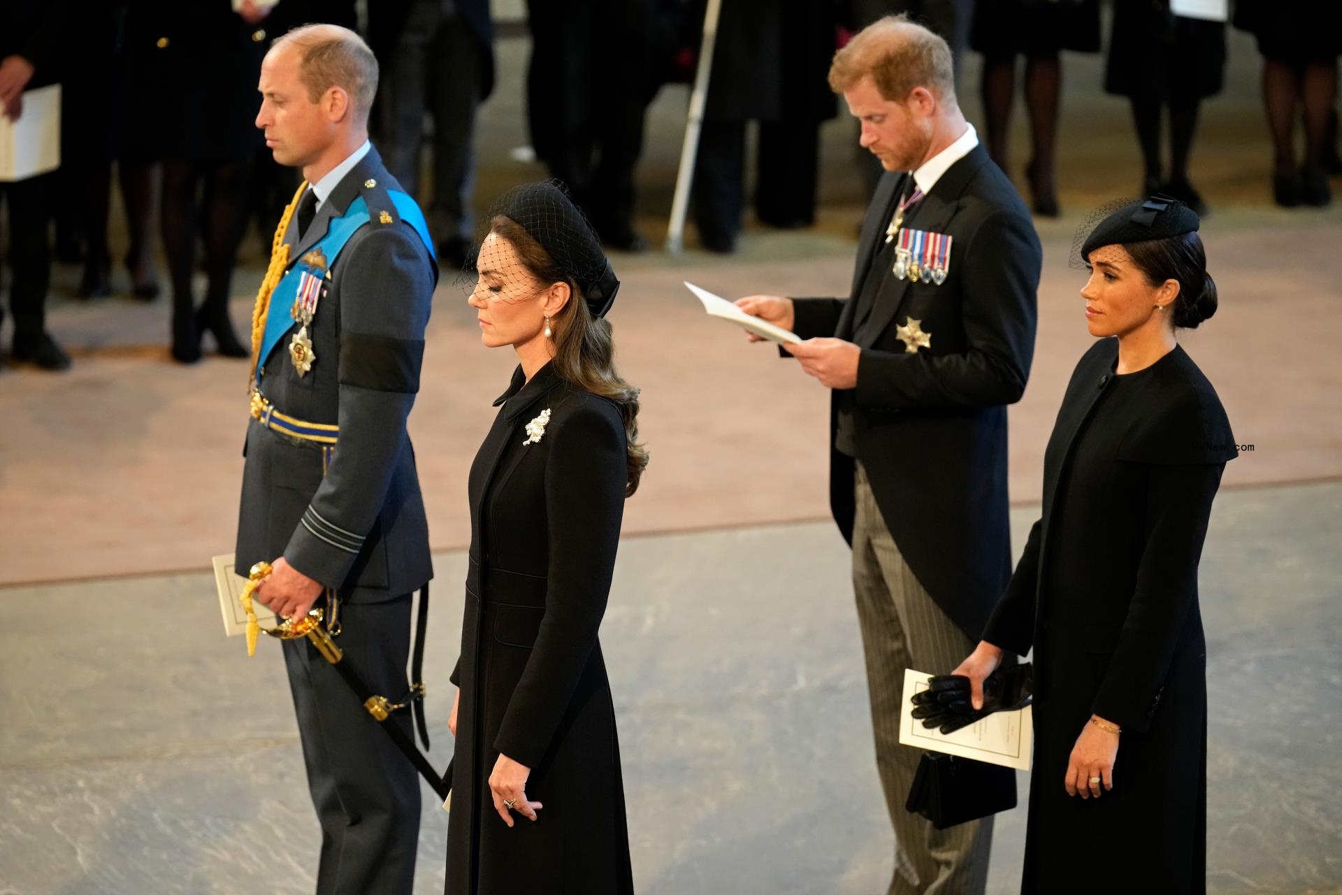 Prince William, Kate Middleton, Prince Harry, Meghan Markle inside the Palace of Westminster during the Lying-in State of Queen Elizabeth II.