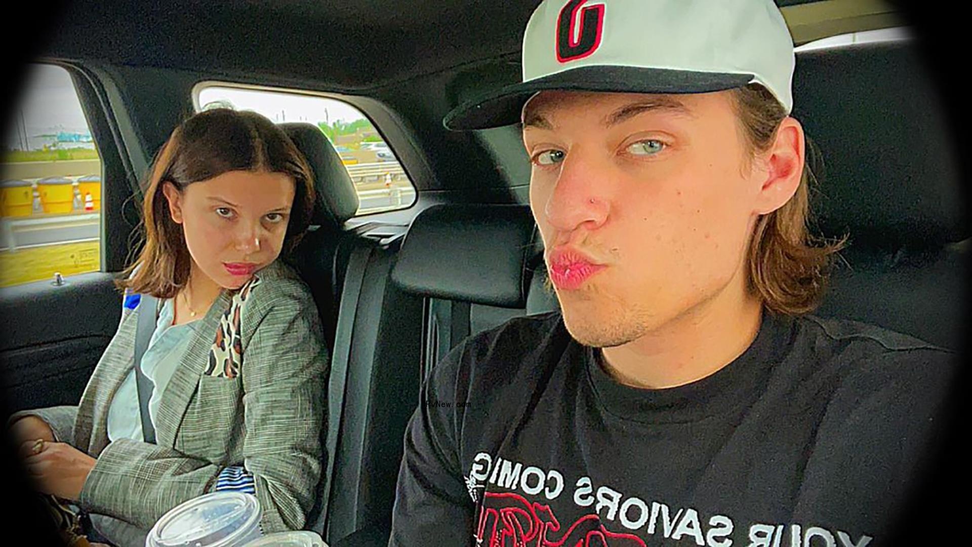Millie Bobby Brown and Jake Bo<i></i>ngiovi in a car.