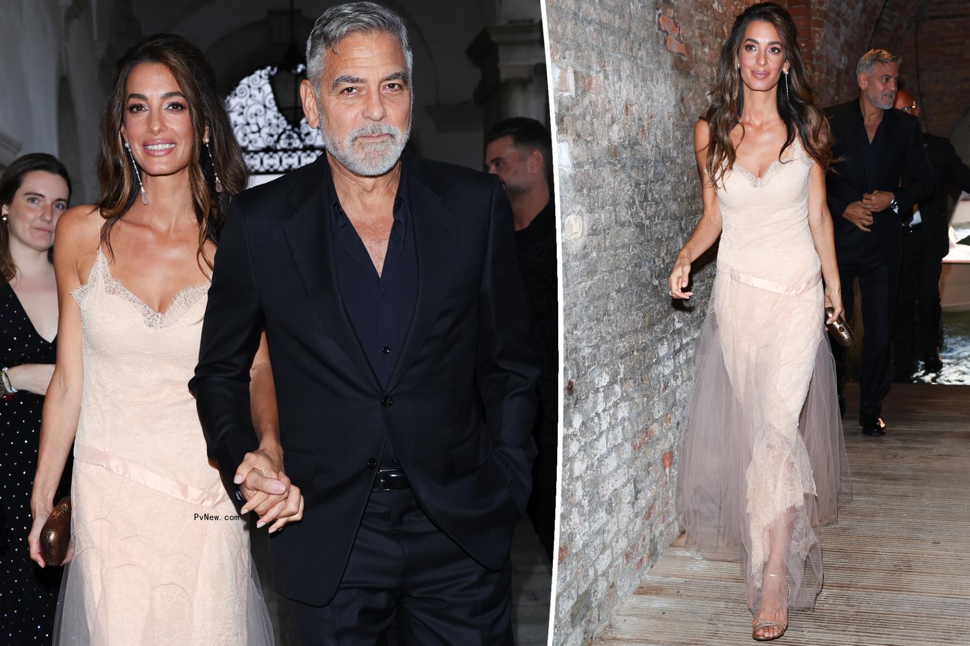 Amal Cloo<i></i>ney is pretty in pink lace dress for romantic night out with George in Venice