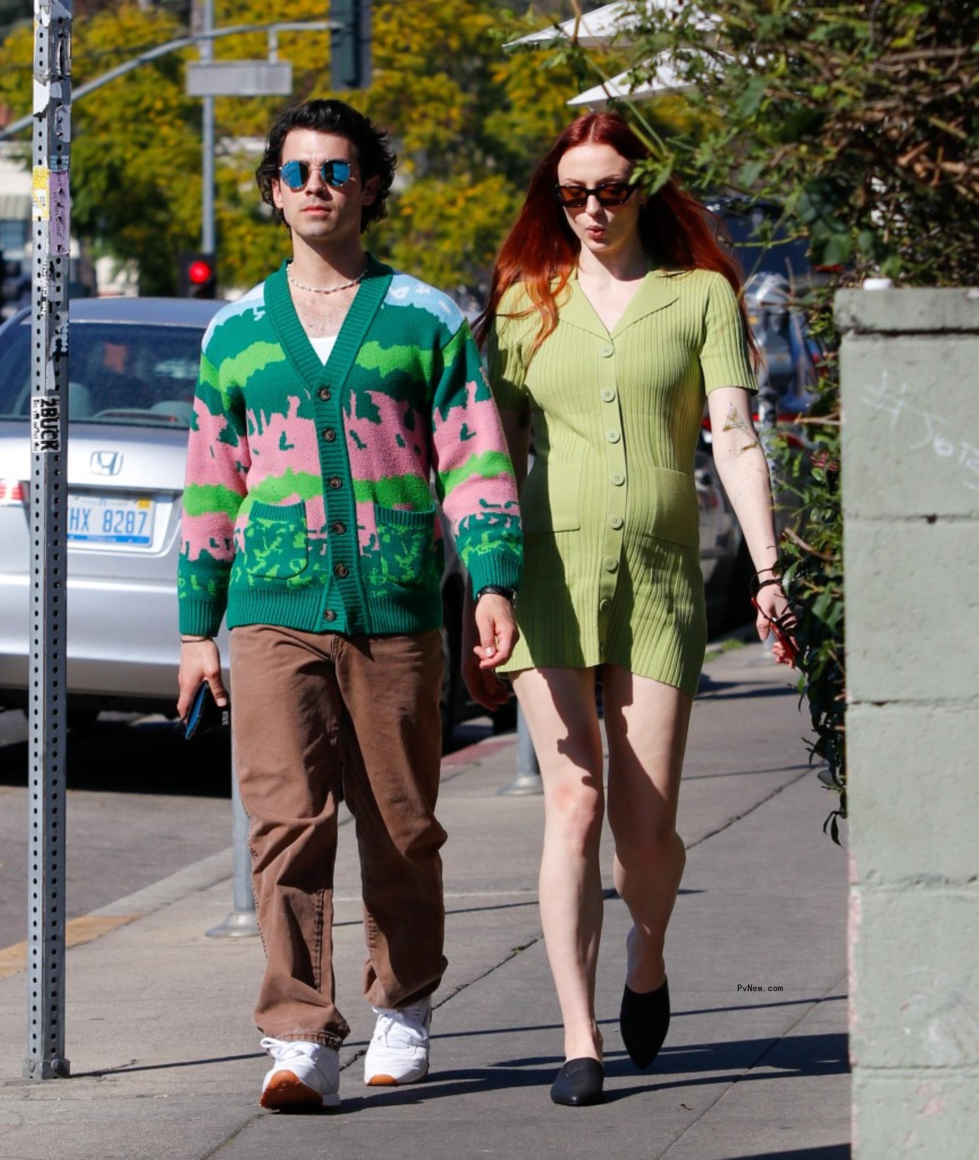 Sophie Turner and Joe Jo<i></i>nas walking around Los Angeles.