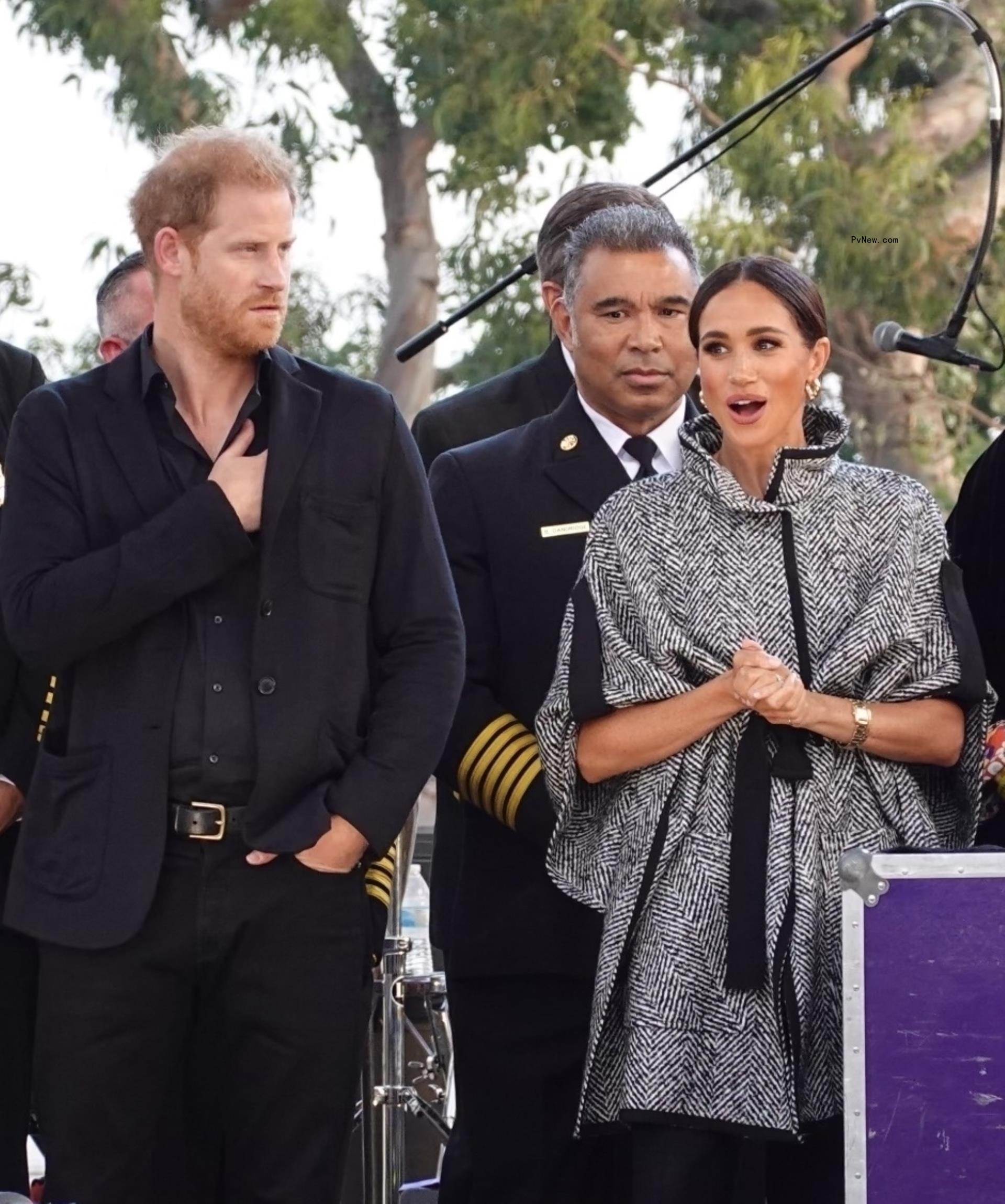 Prince Harry, Duke of Sussex, and Meghan, Duchess of Sussex, at a benefit co<i></i>ncert for Santa Barbara first respo<i></i>nders hosted by Kevin Costner.