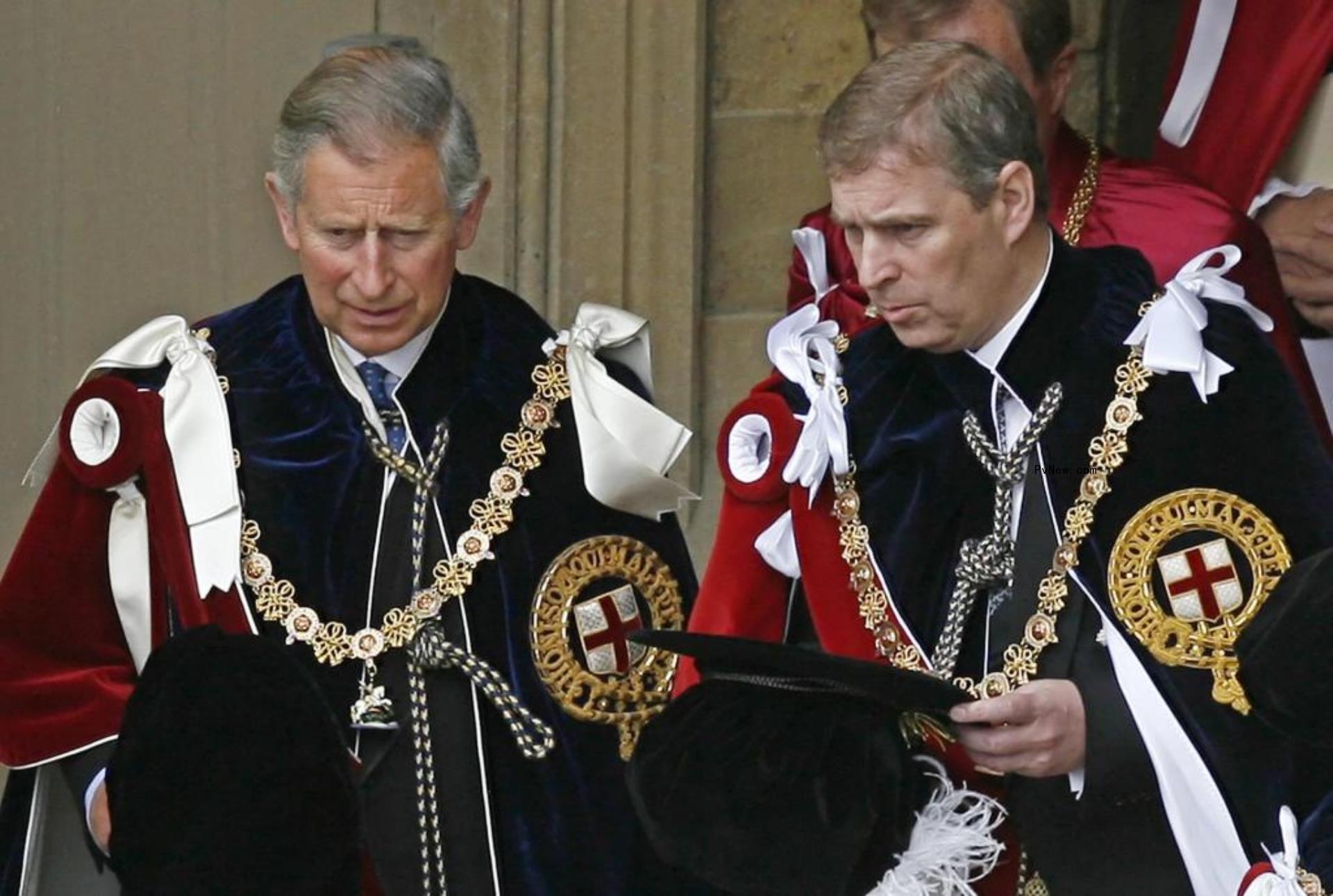 Prince Charles (L) and Prince Andrew depart after attending the Garter service at St George's Chapel at Windsor Castle, in Windsor, in south-east England.