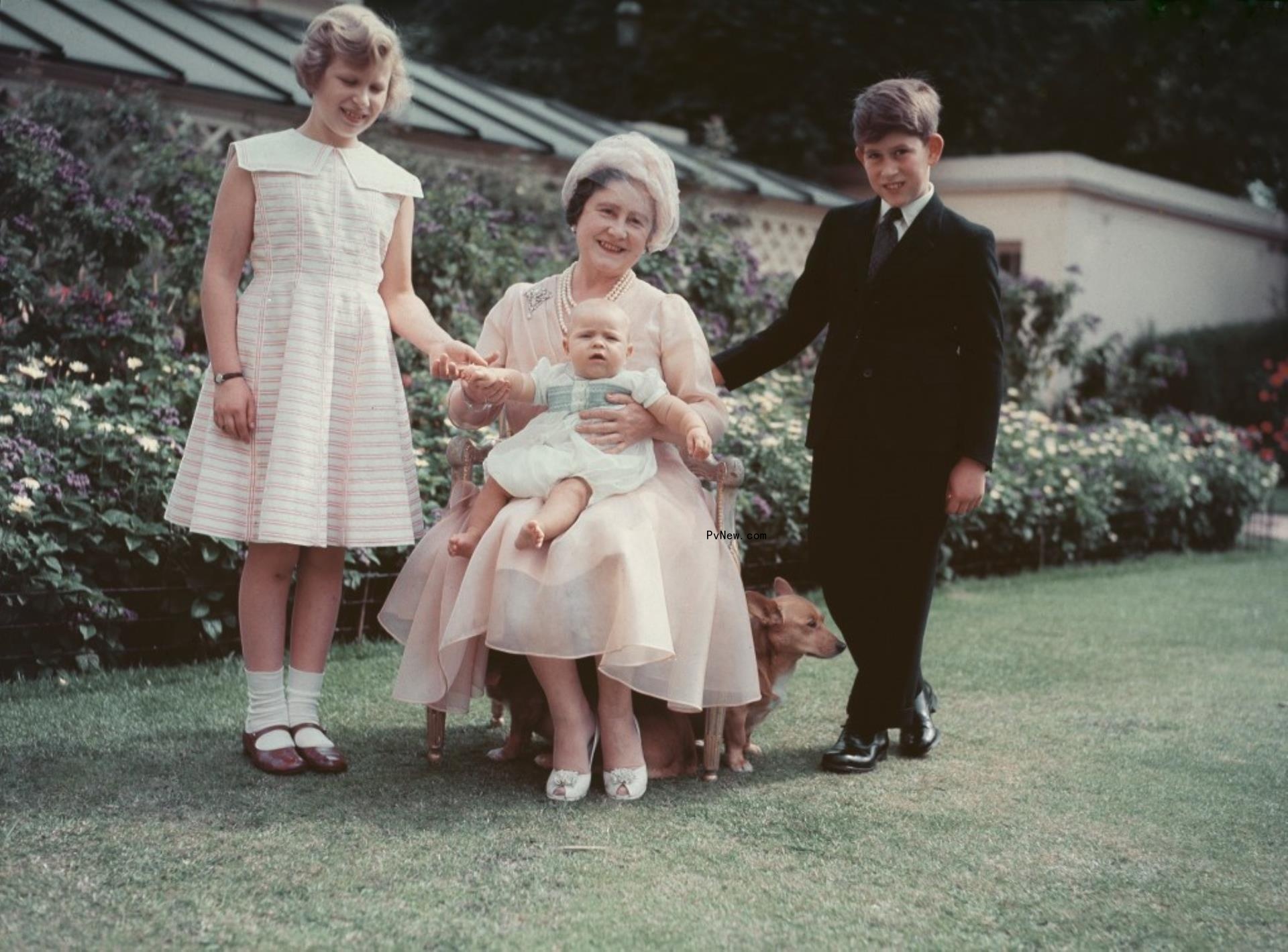 The Queen Mother with Princess Anne, baby Prince Andrew — who was second in line to the throne until Prince William was born — and the future King Charles.