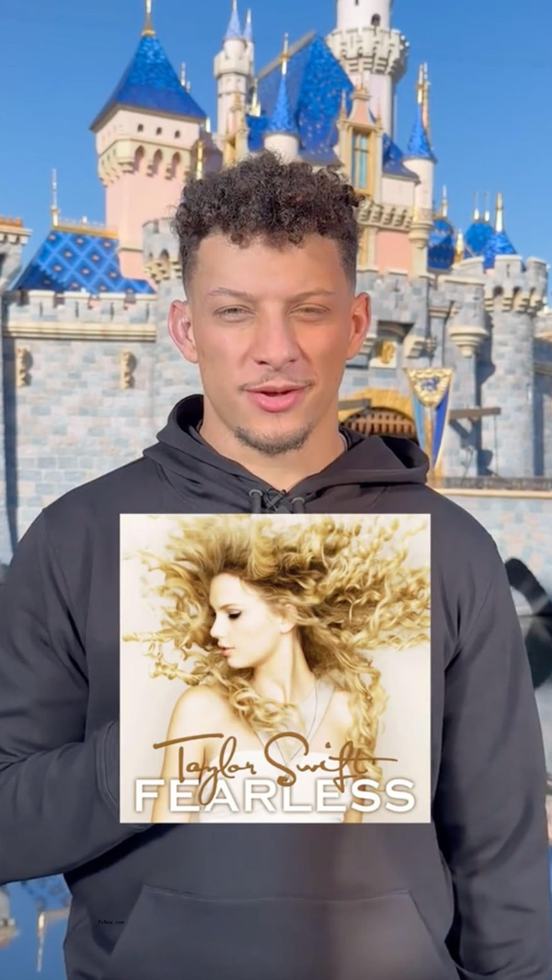 patrick mahomes standing in front of cinderella's castle with taylor swift's self-titled album cover pasted over him