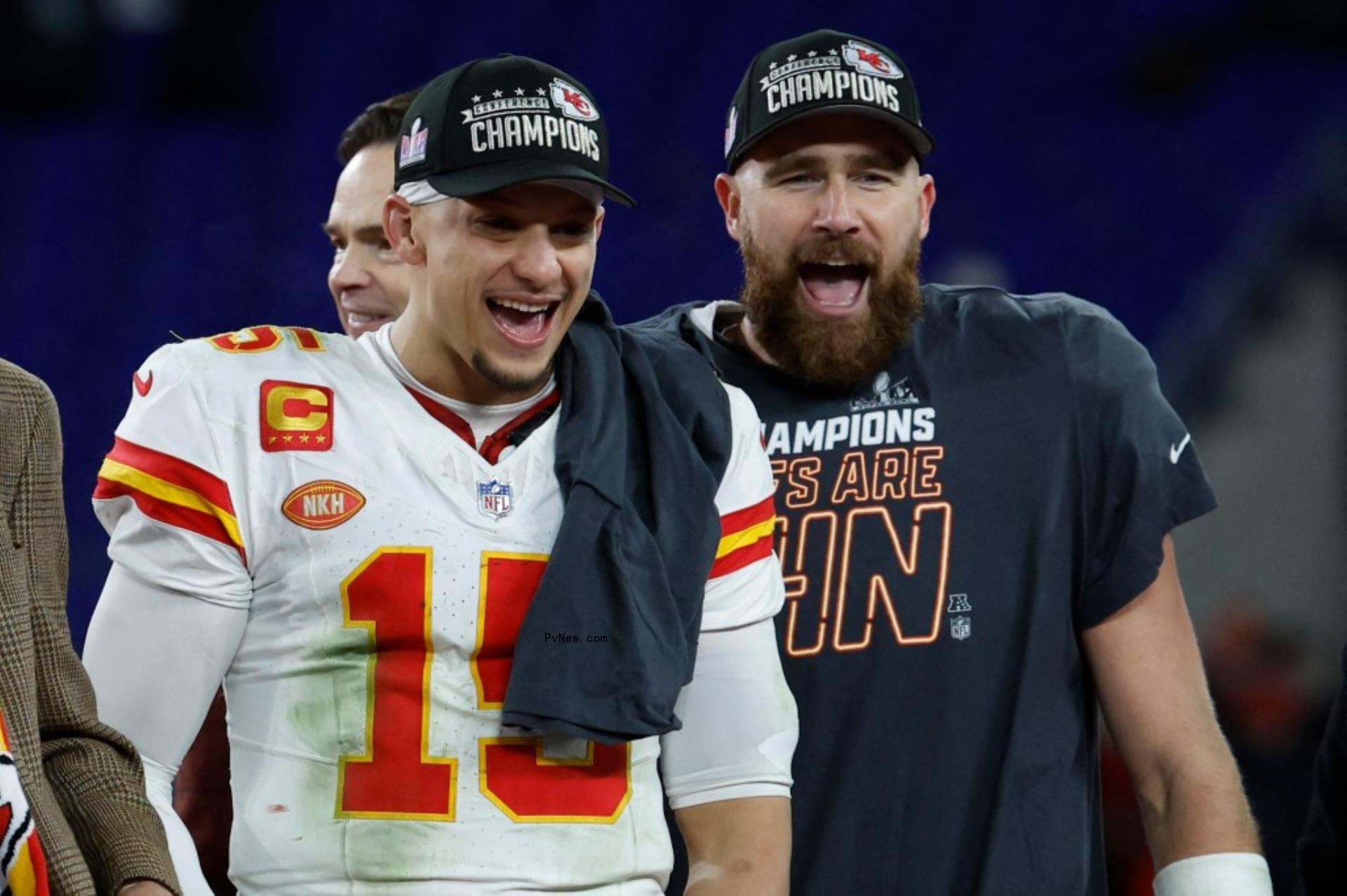 patrick mahomes and travis kelce smiling wearing Champions hats after the super bowl