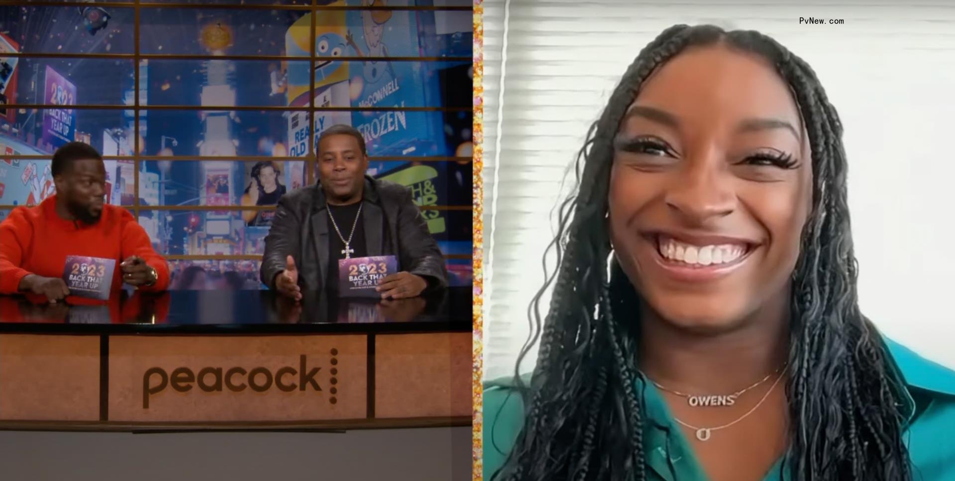 Simone Biles, Kenan Thompson and Kevin Hart during an interview.