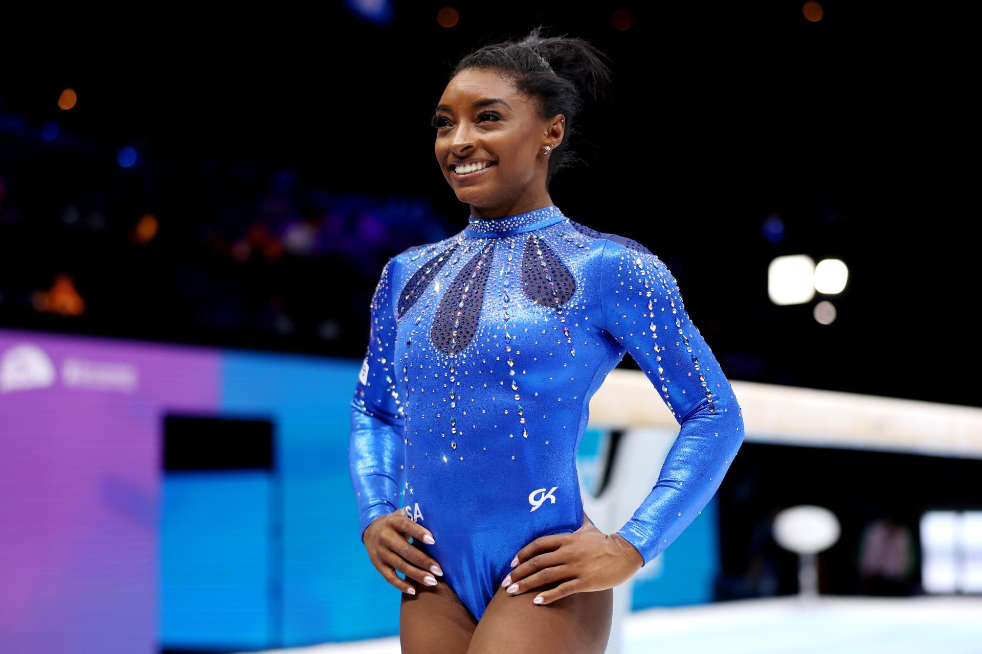Simone Biles during a gymnastics championship.