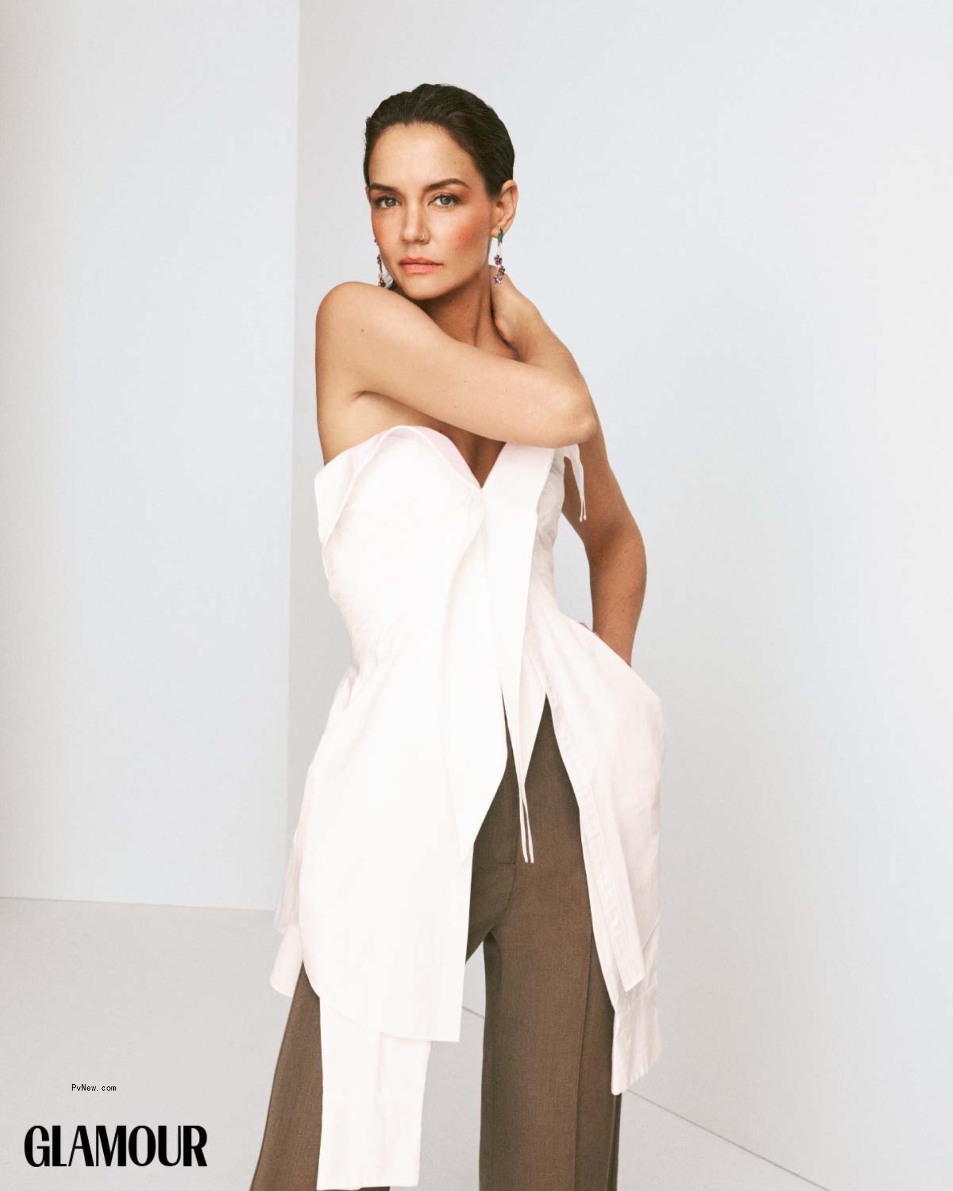 Katie Holmes in white top on Glamour shoot