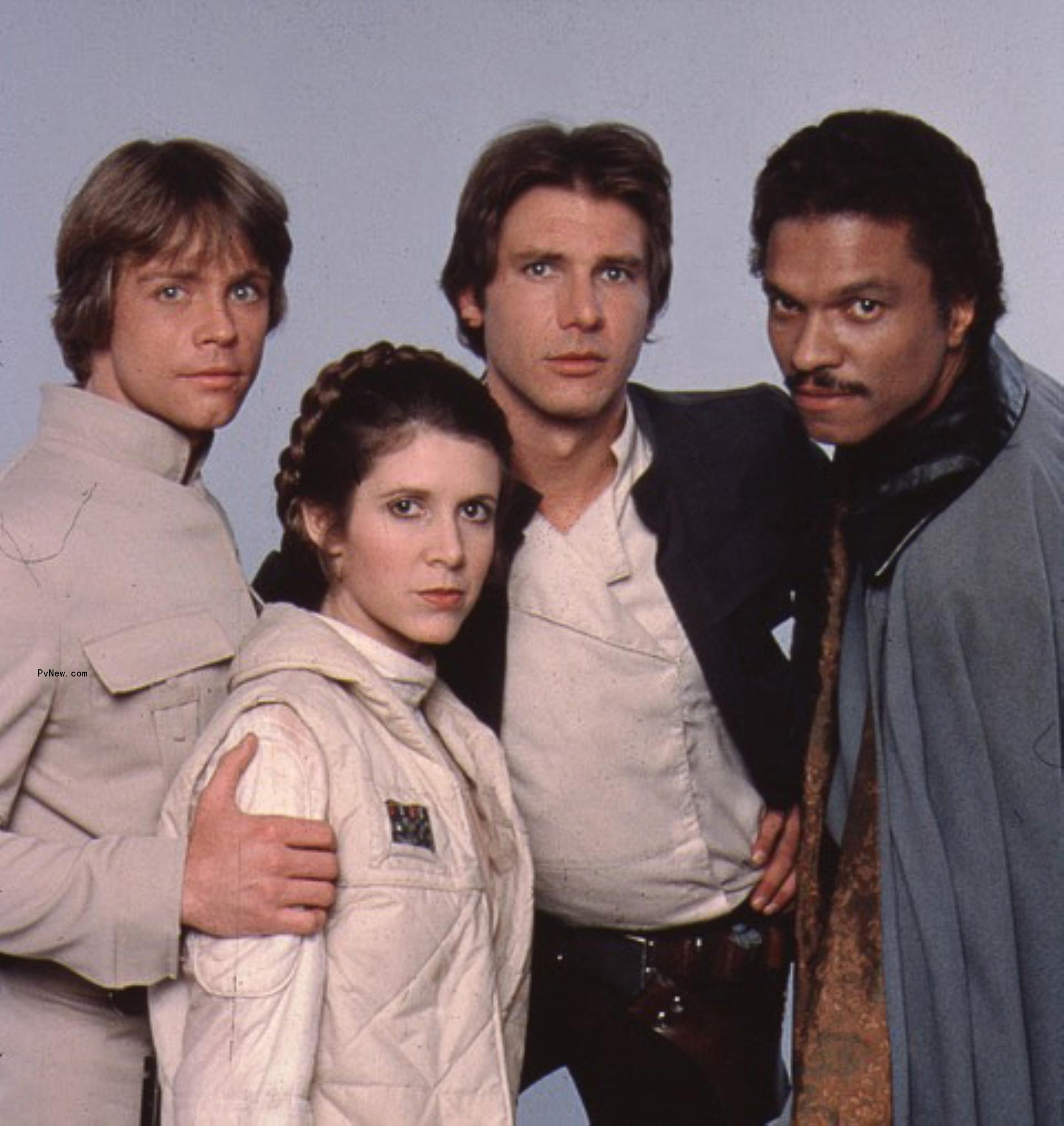 Carrie Fisher, Harrison Ford, Mark Hamill and Billy Dee Williams pose for a portrait on the set of