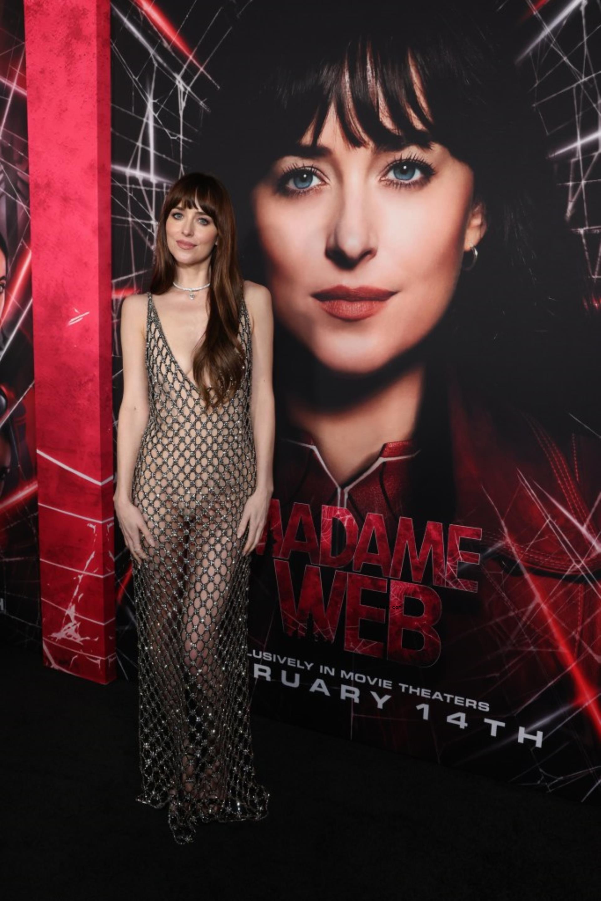 Dakota Johnson in a sheer Gucci dress at the