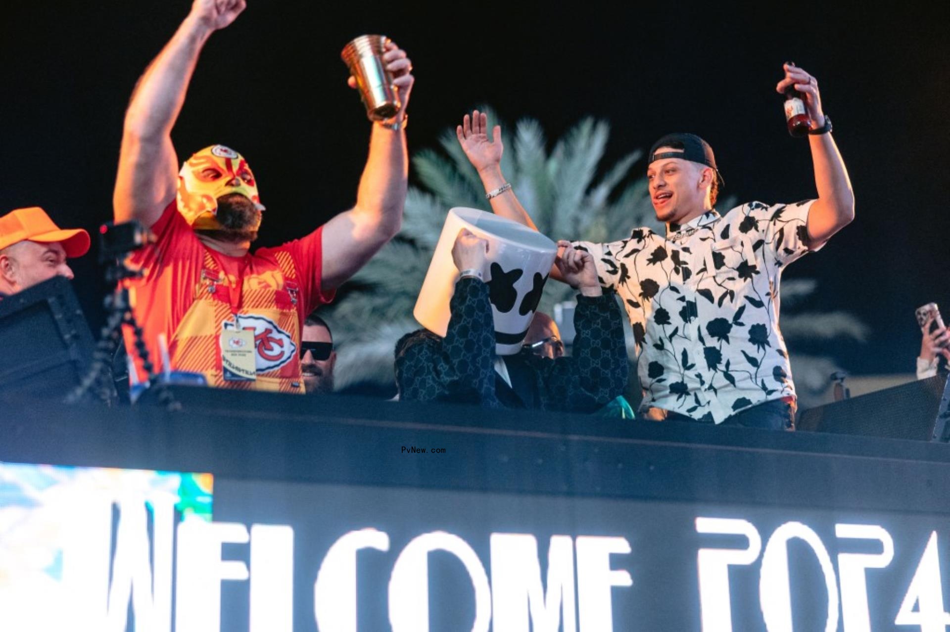 jason kelce wearing a luchador mask next to marshmello and patrick mahomes