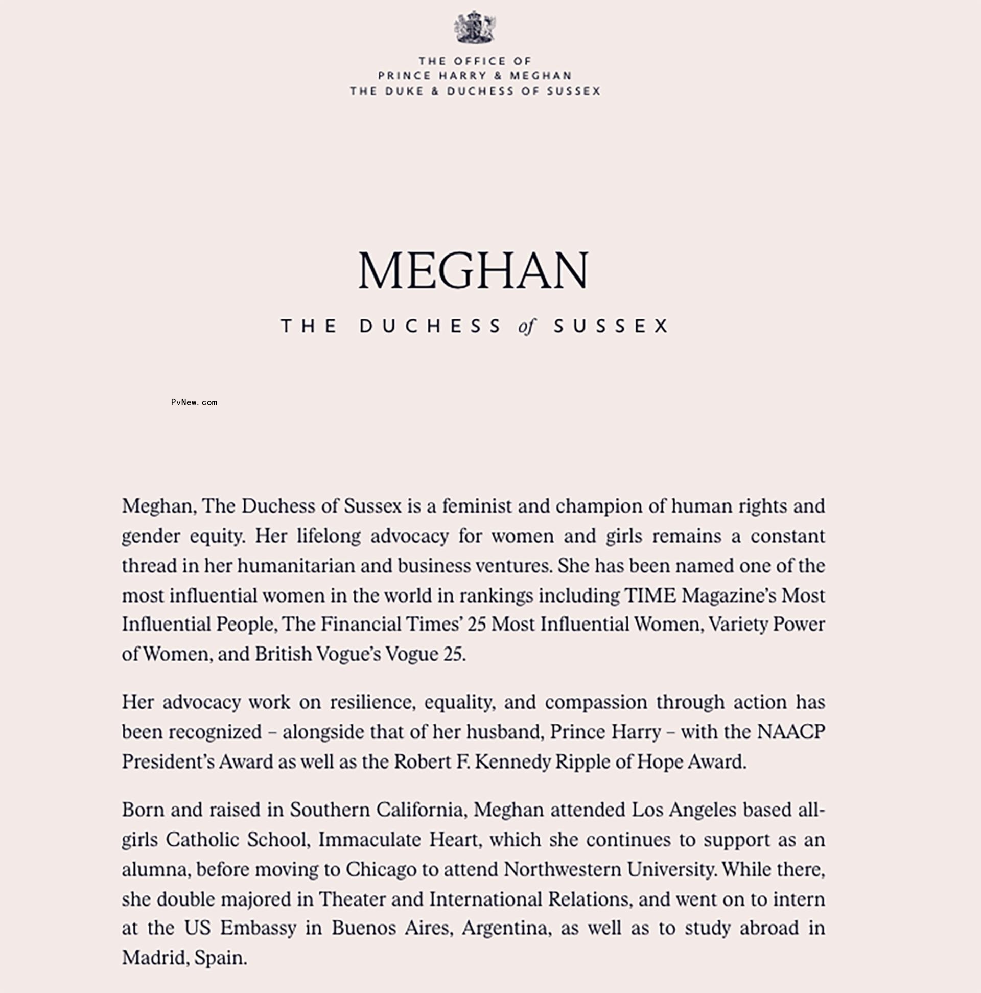 Meghan Markle's bio on her new website.
