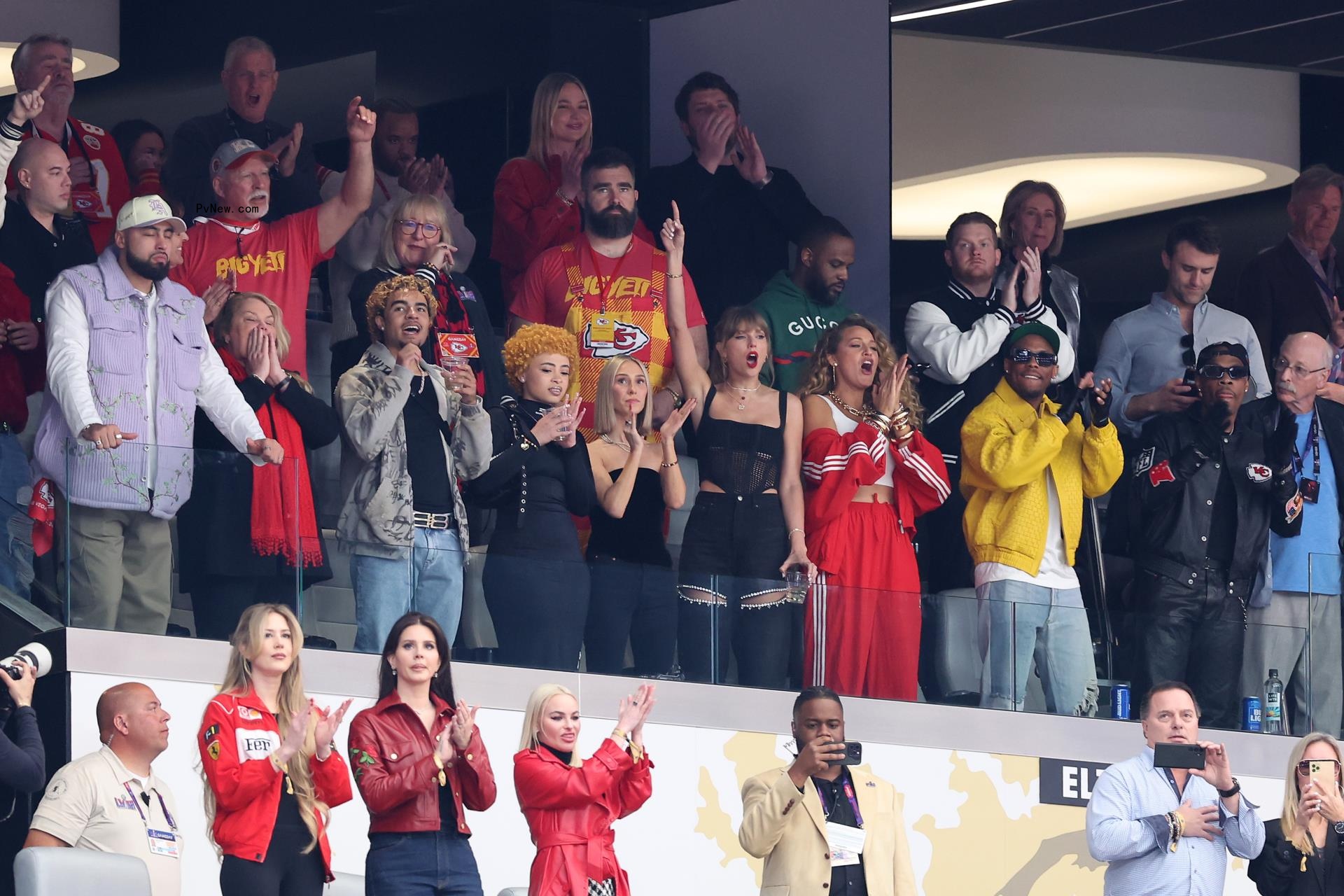 Ed Kelce, Do<i></i>nna Kelce, NFL player Jason Kelce, Andrea Swift, rapper Ice Spice, Singer Taylor Swift and Actress Blake Lively watching the super bowl