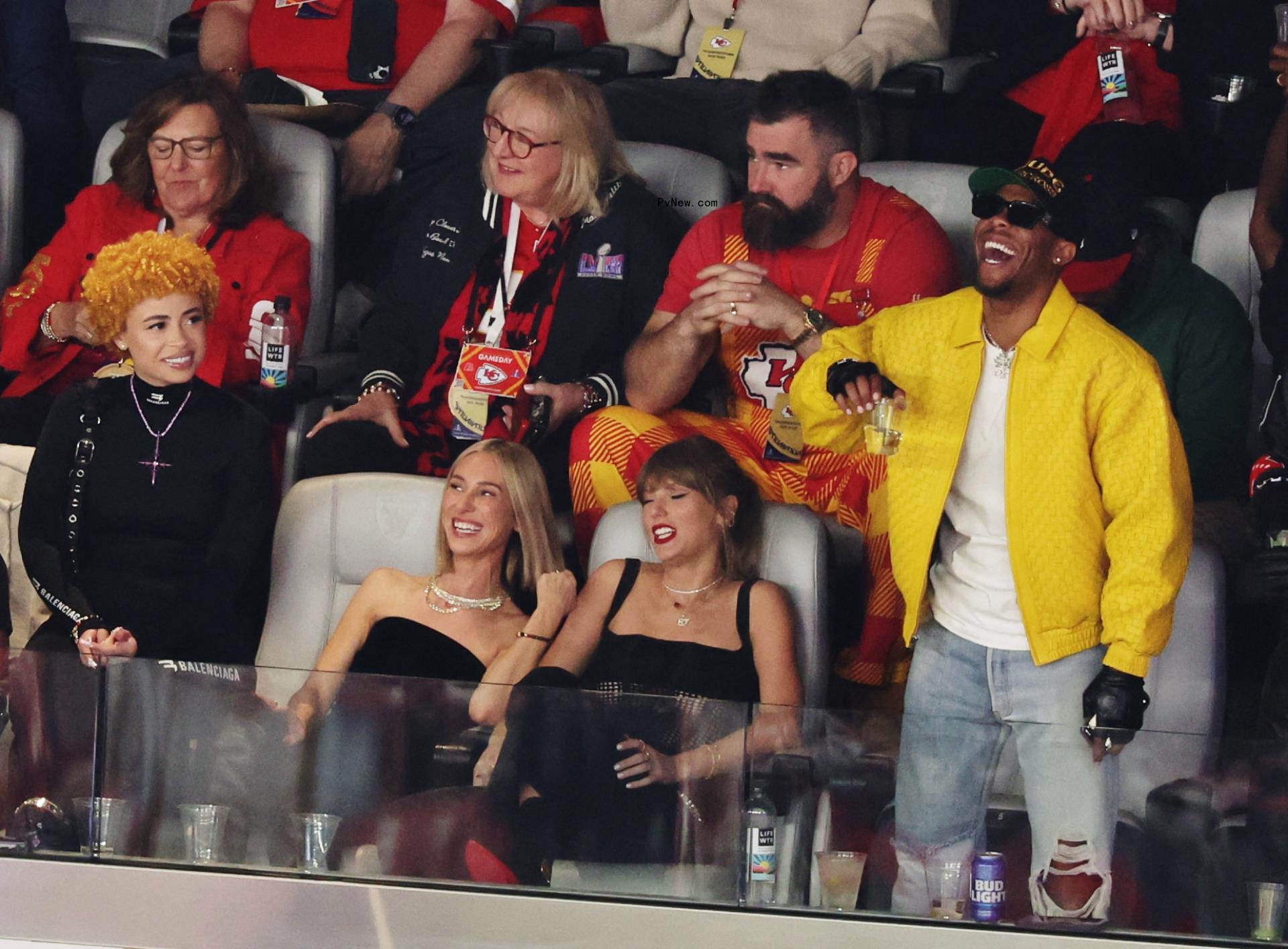 Taylor Swift and Ice Spice with Ashley Avignone and Jason Kelce watching the Super Bowl