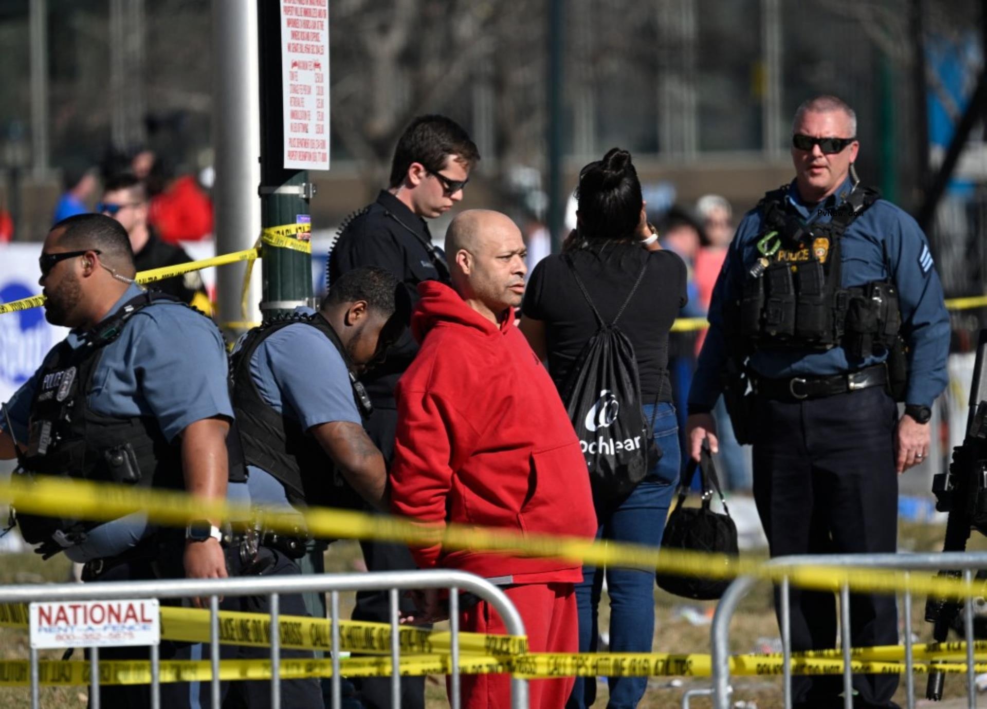 A person is detained near the Kansas City Chiefs’ Super Bowl LVIII victory parade on February 14, 2024, in Kansas City, Missouri.