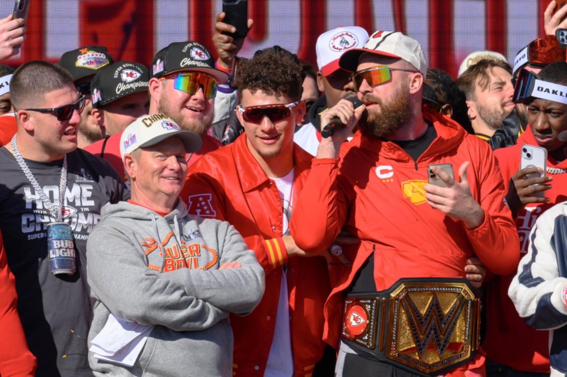 Travis Kelce and Patrick Mahomes at the Super Bowl victory parade.