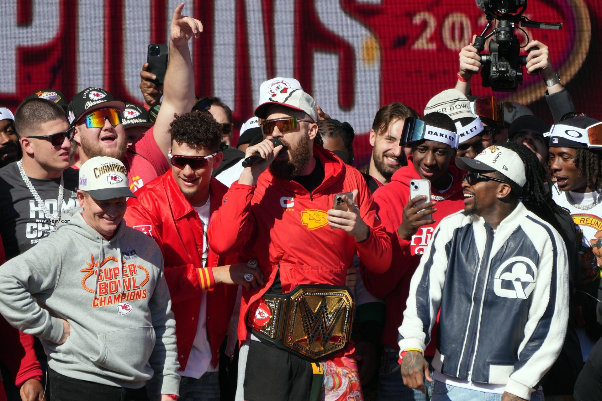 Travis Kelce and Patrick Mahomes at the Super Bowl victory parade.