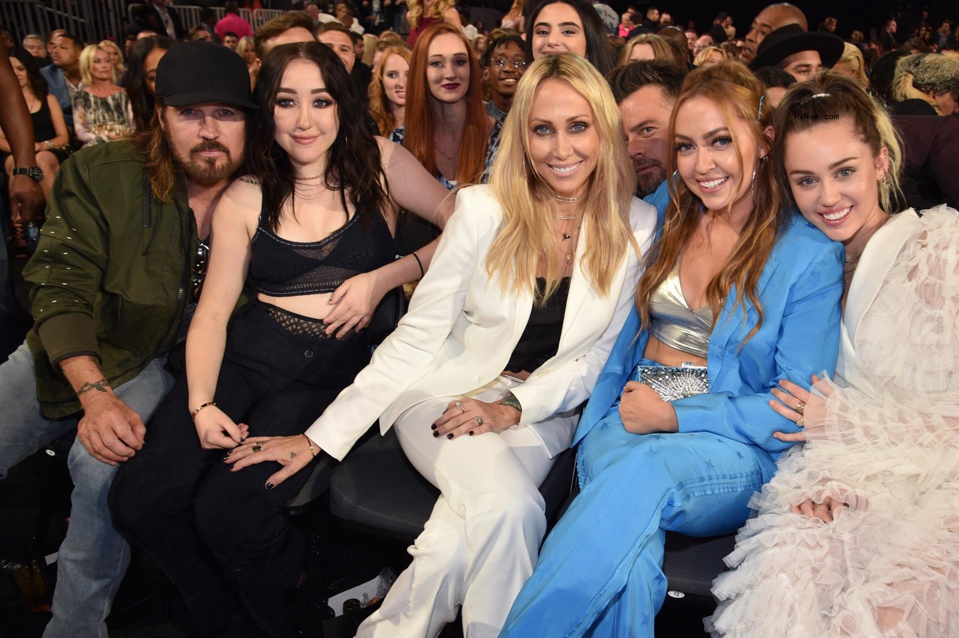 Recording artists Billy Ray Cyrus and Noah Cyrus, Tish Cyrus, Brandi Cyrus, and recording artist Miley Cyrus attend the 2017 Billboard Music Awards at T-Mobile Arena.