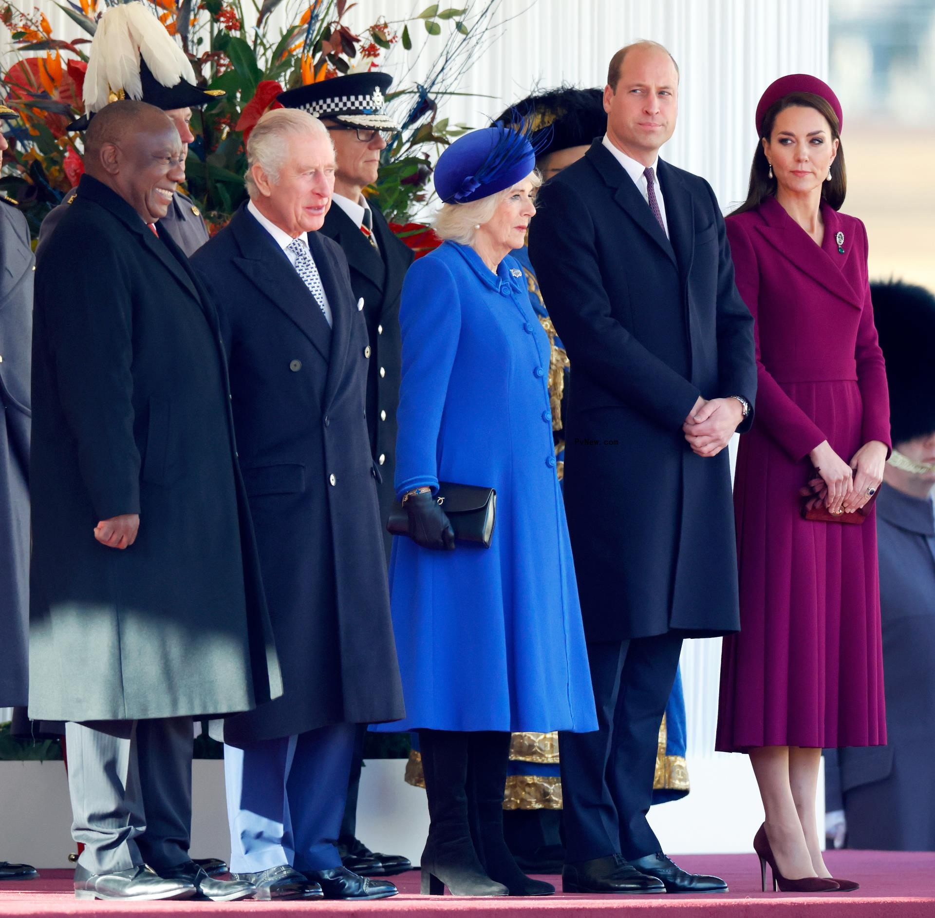 Cyril Ramaphosa, King Charles III, Queen Camilla, Prince William and Kate Middleton standing together.