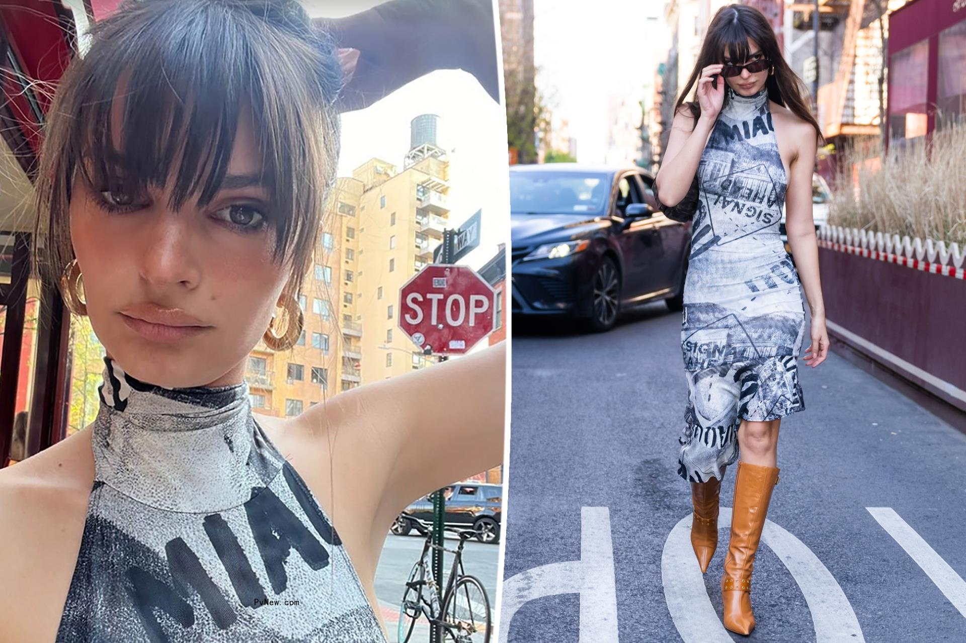 Emily Ratajkowski makes headlines in underboob-baring newsprint dress