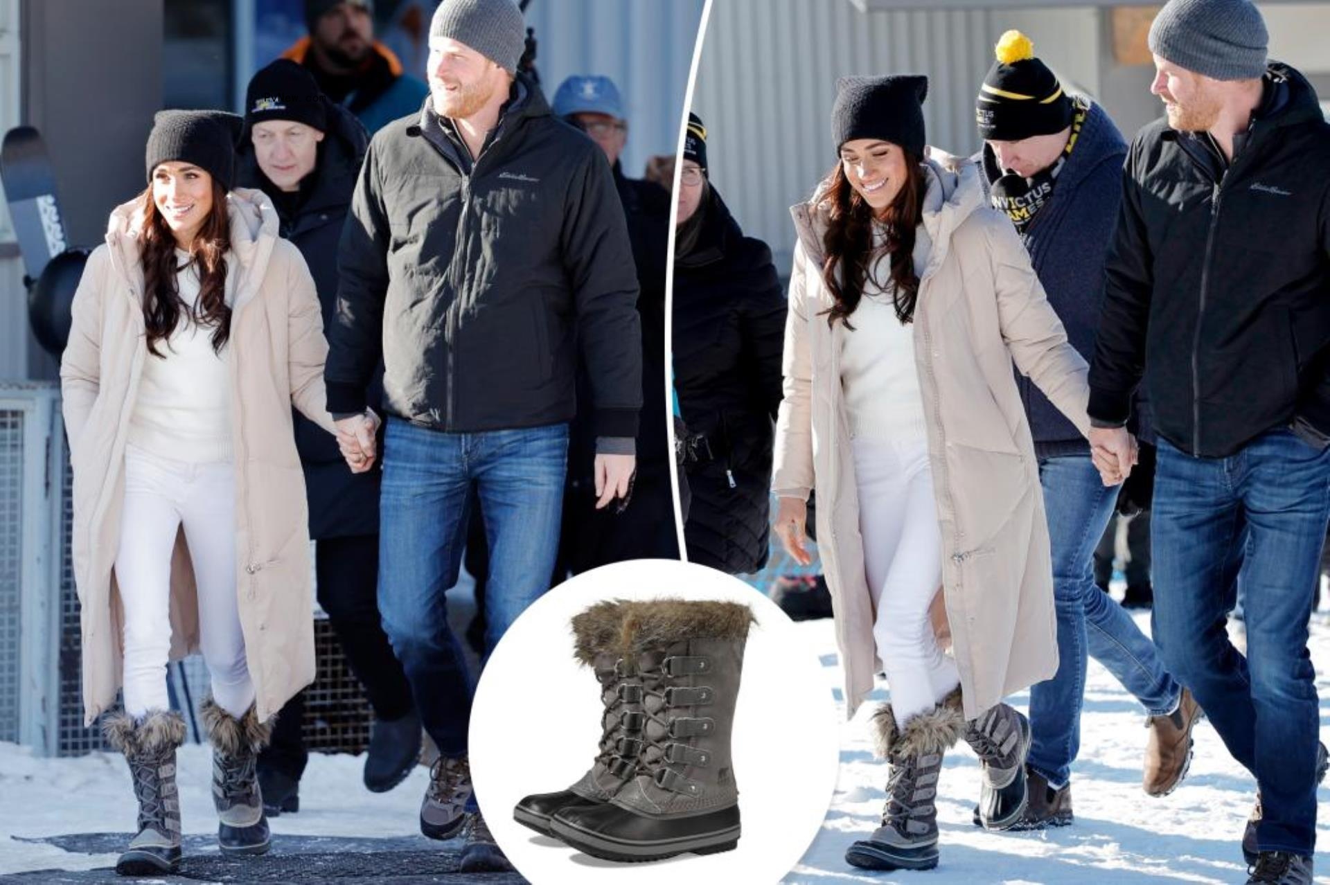 Meghan Markle and Prince Harry in the snow, with an inset of snow boots from Sorrel