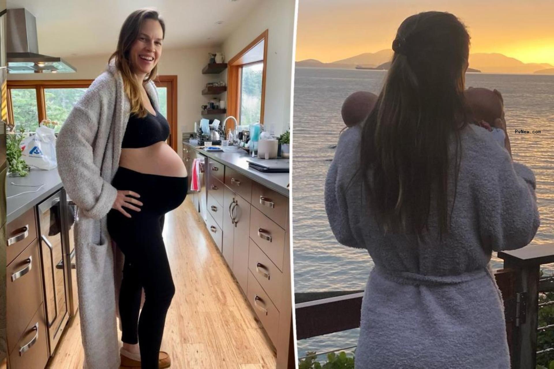Hilary Swank shows baby bump in kitchen, split with the actress holding her twins