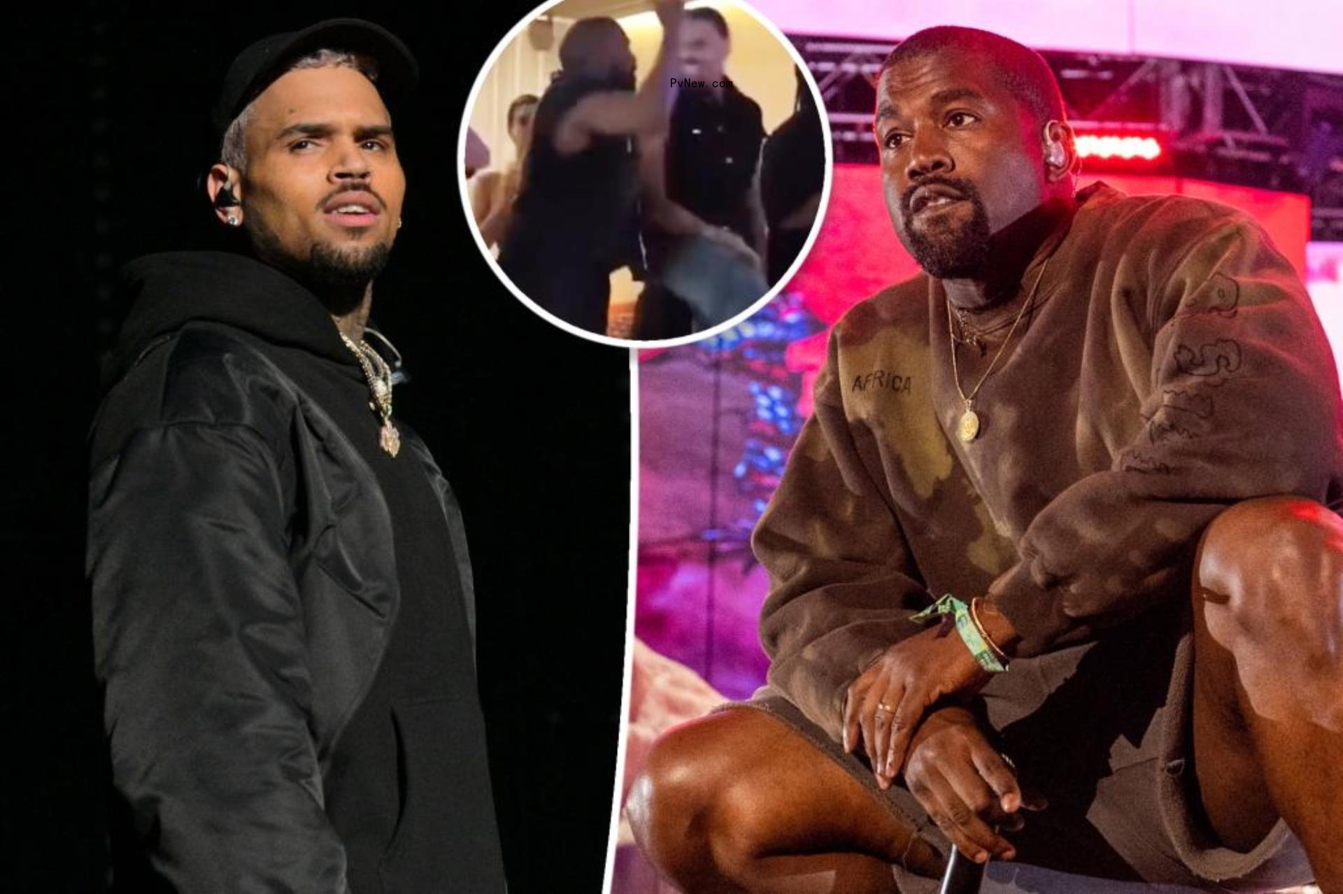 Kanye West and Chris Brown with an inset of them dancing together.