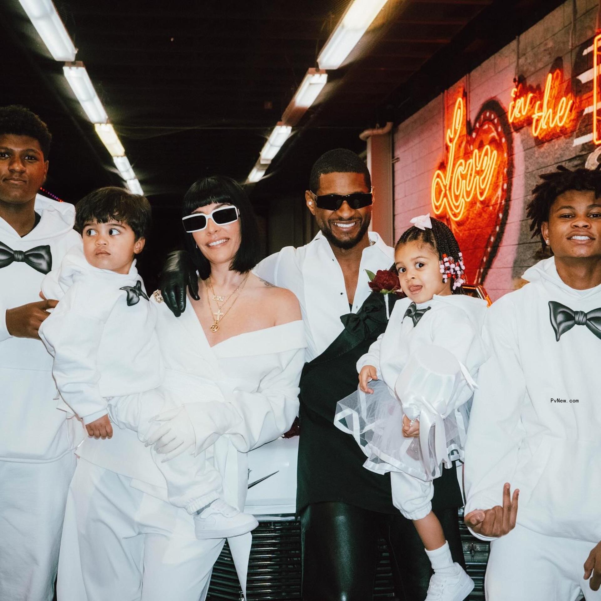 All the details on Usher and wife Jennifer Goicoechea’s wedding looks: His-and-hers suits, custom veil, more