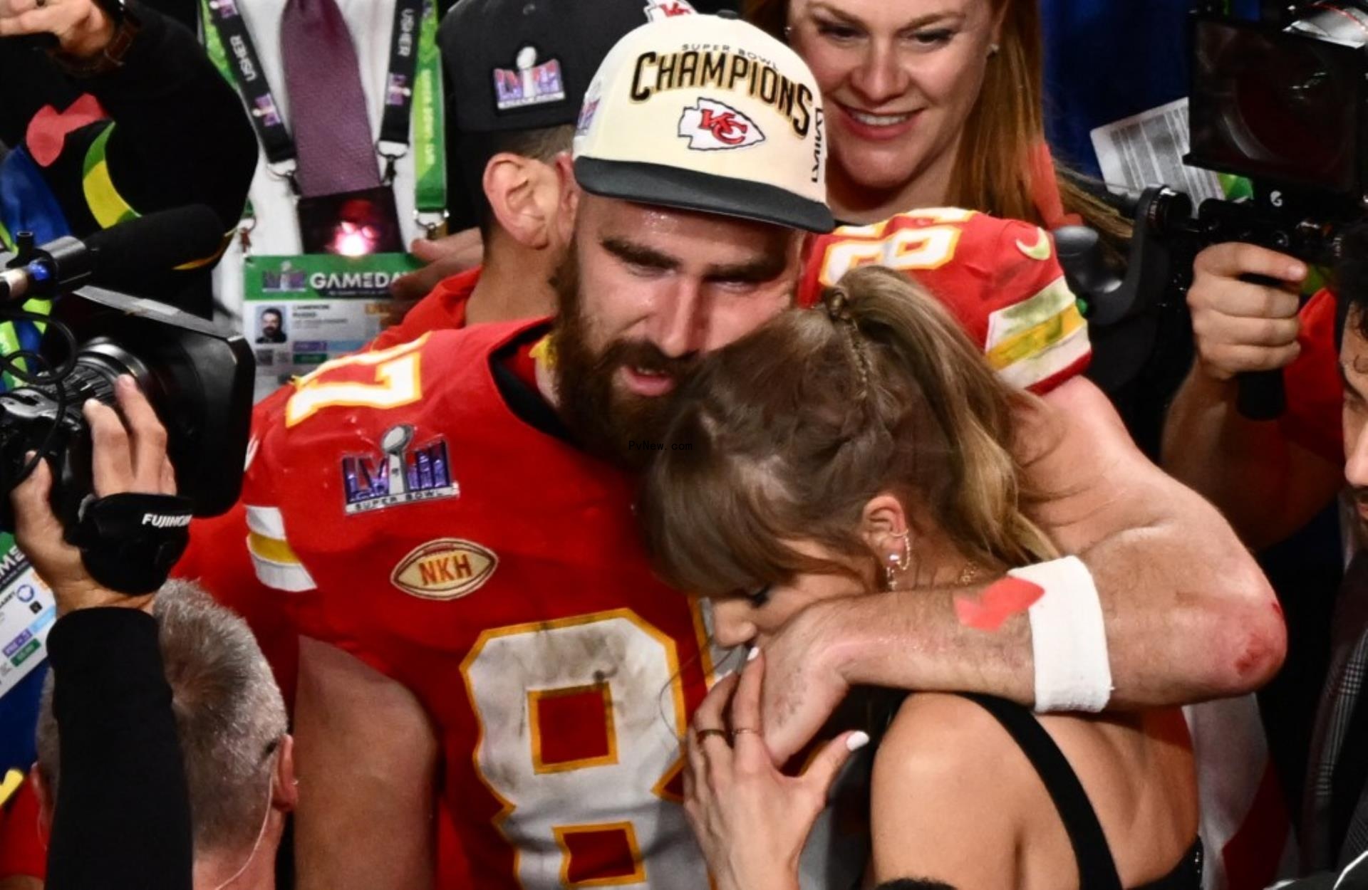 Travis Kelce and Taylor Swift at the 2024 Super Bowl.