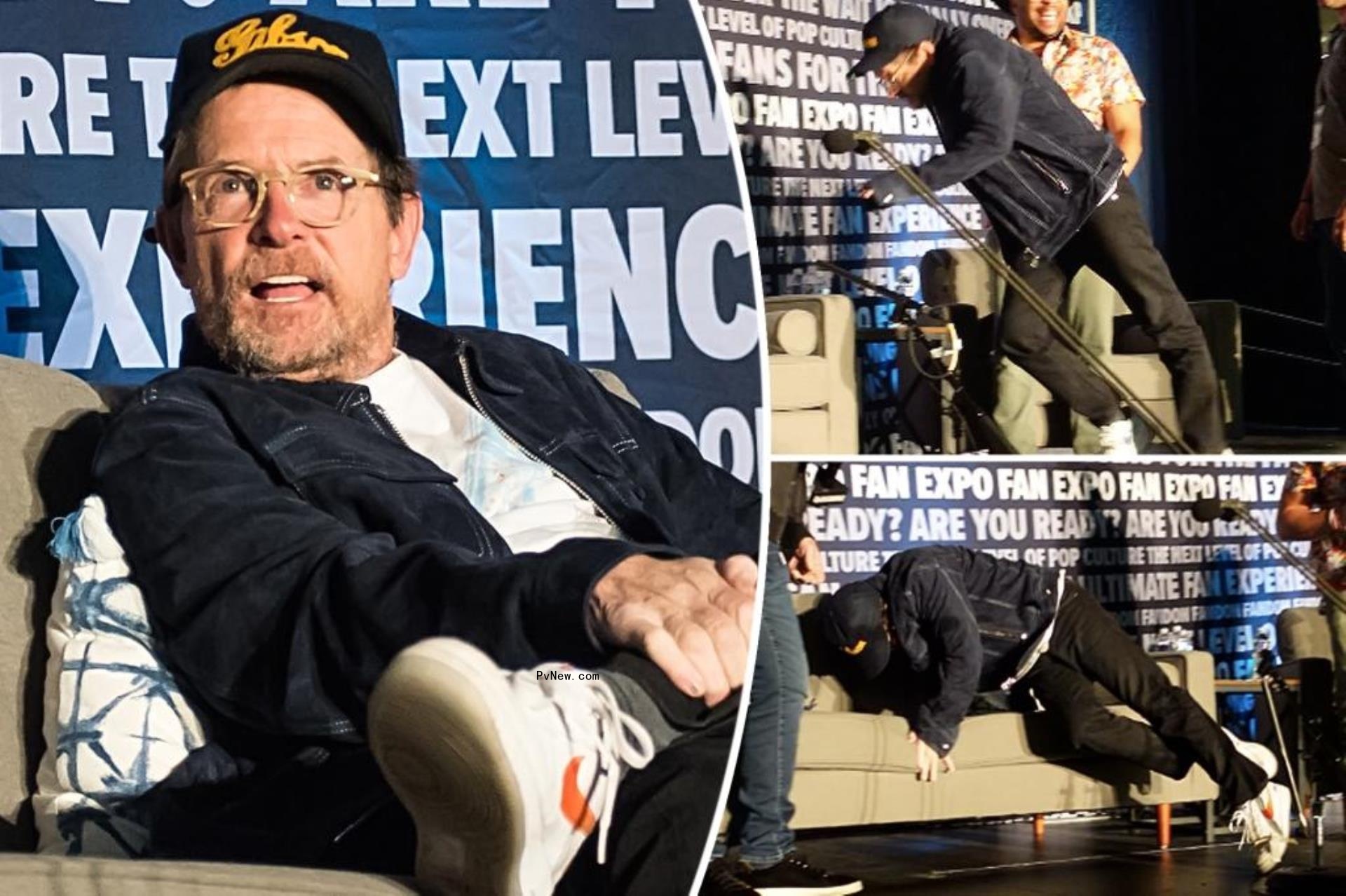 Michael J. Fox sits at panel, split with the actor tripping and falling onstage