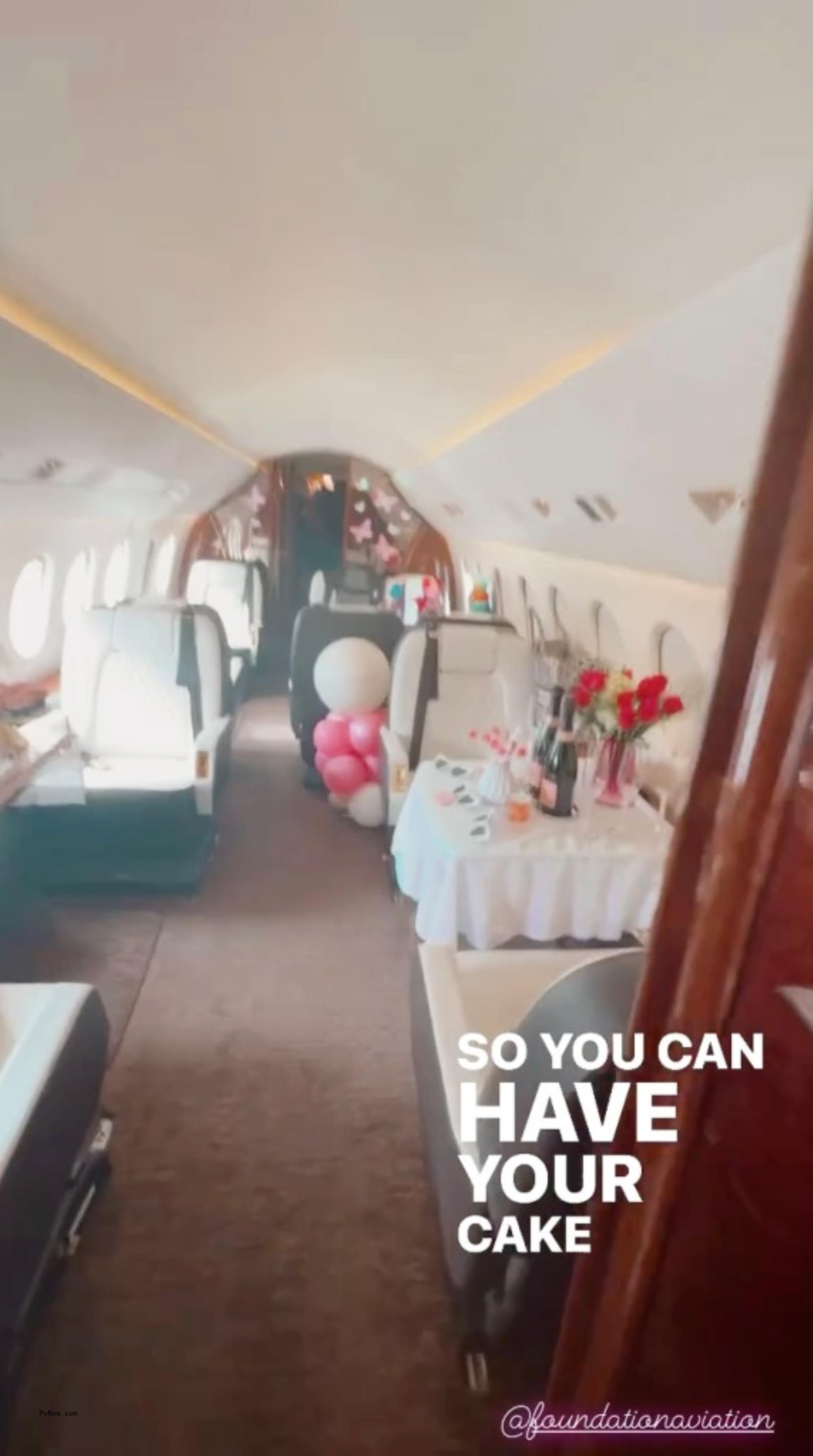 The inside of a private jet decorated for Paris Hilton's 43rd birthday