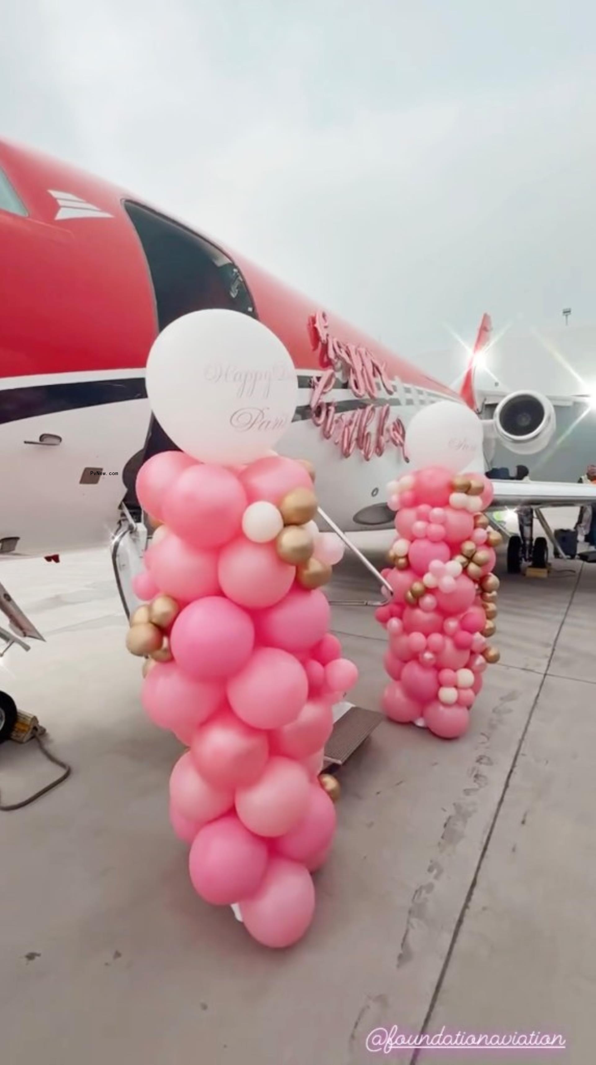 The outside of a private jet decorated for Paris Hilton's 43rd birthday