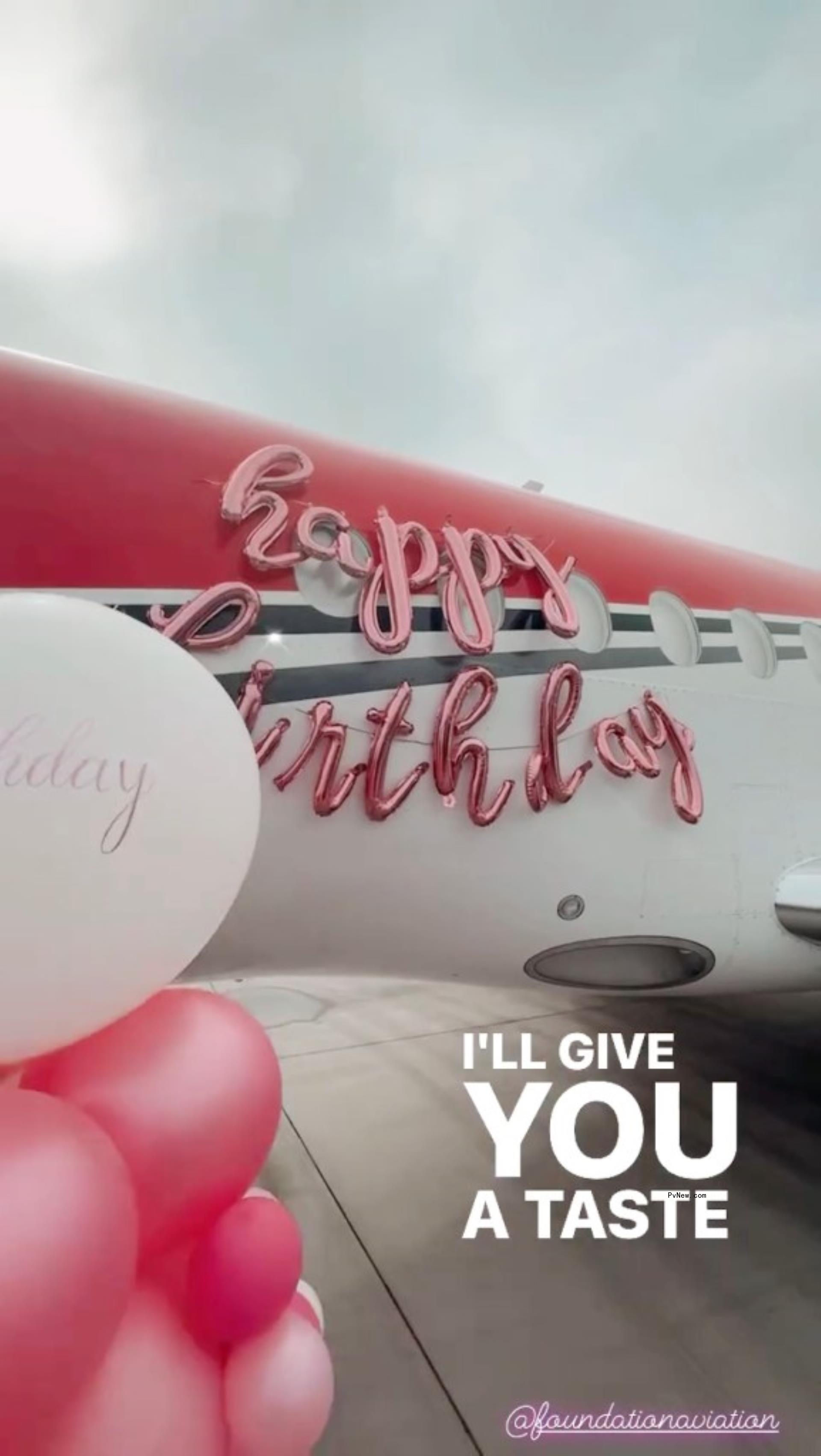 The outside of a private jet decorated for Paris Hilton's 43rd birthday