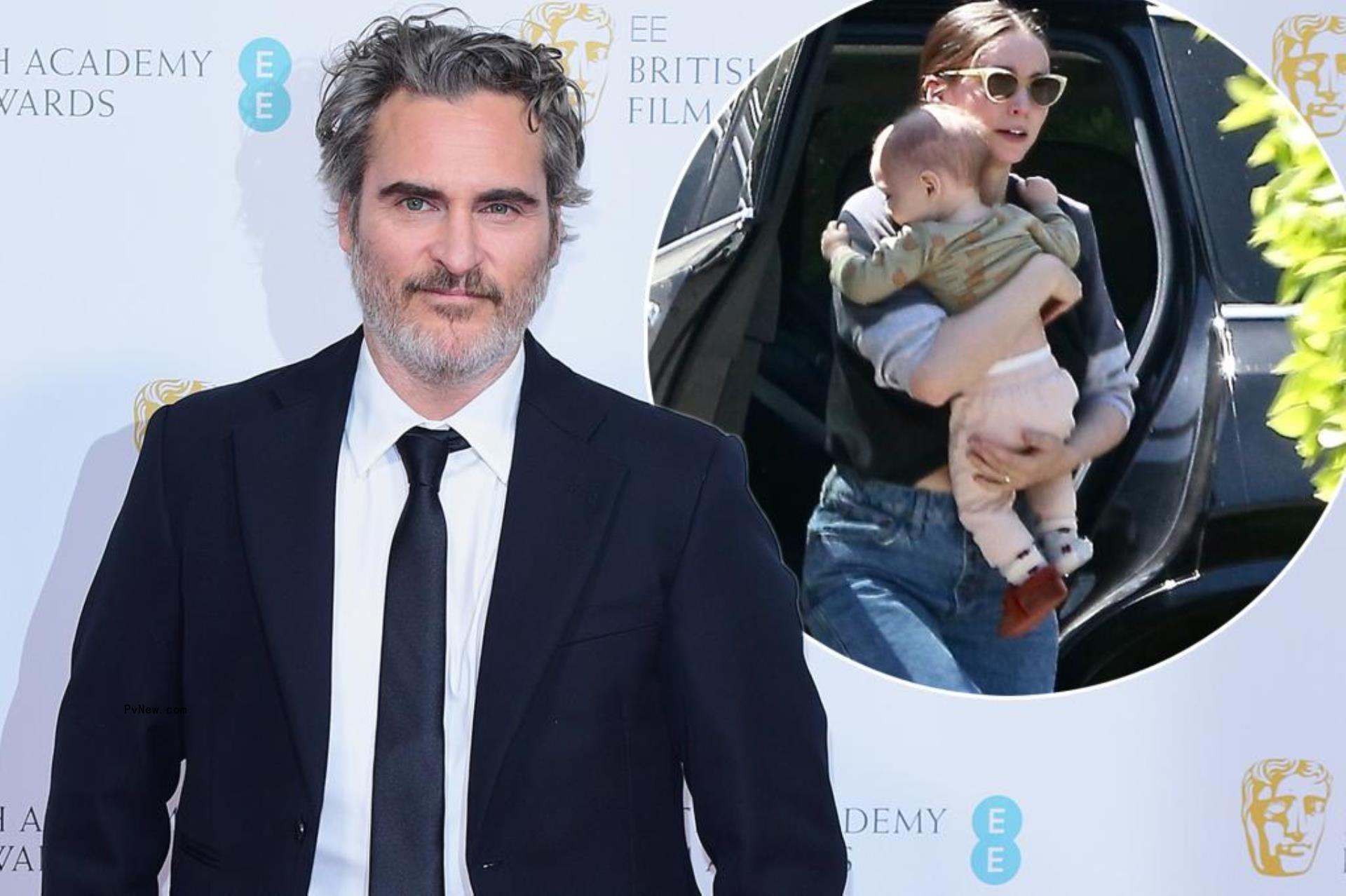 Joaquin Phoenix on the red carpet with an inset of Roo<i></i>ney Mara holding their infant son.