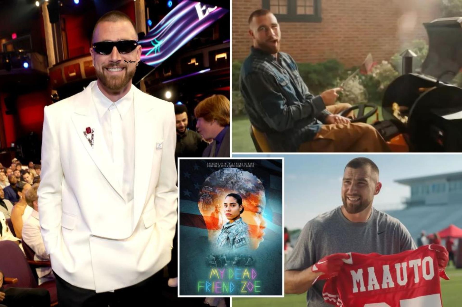travis kelce comp posting on red carpet, commercials and in movie poster