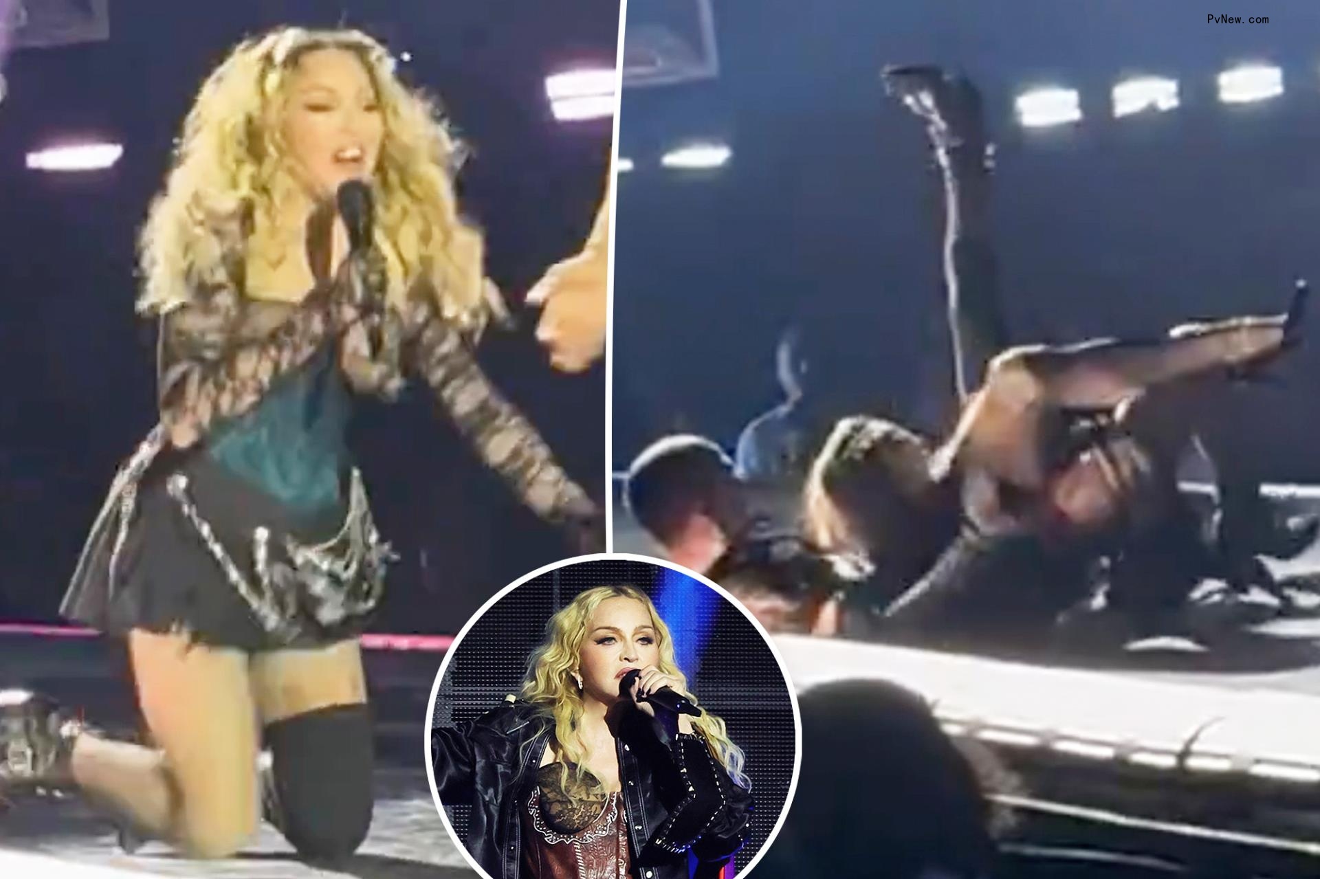 Mado<i></i>nna falls backwards in her chair during Seattle concert