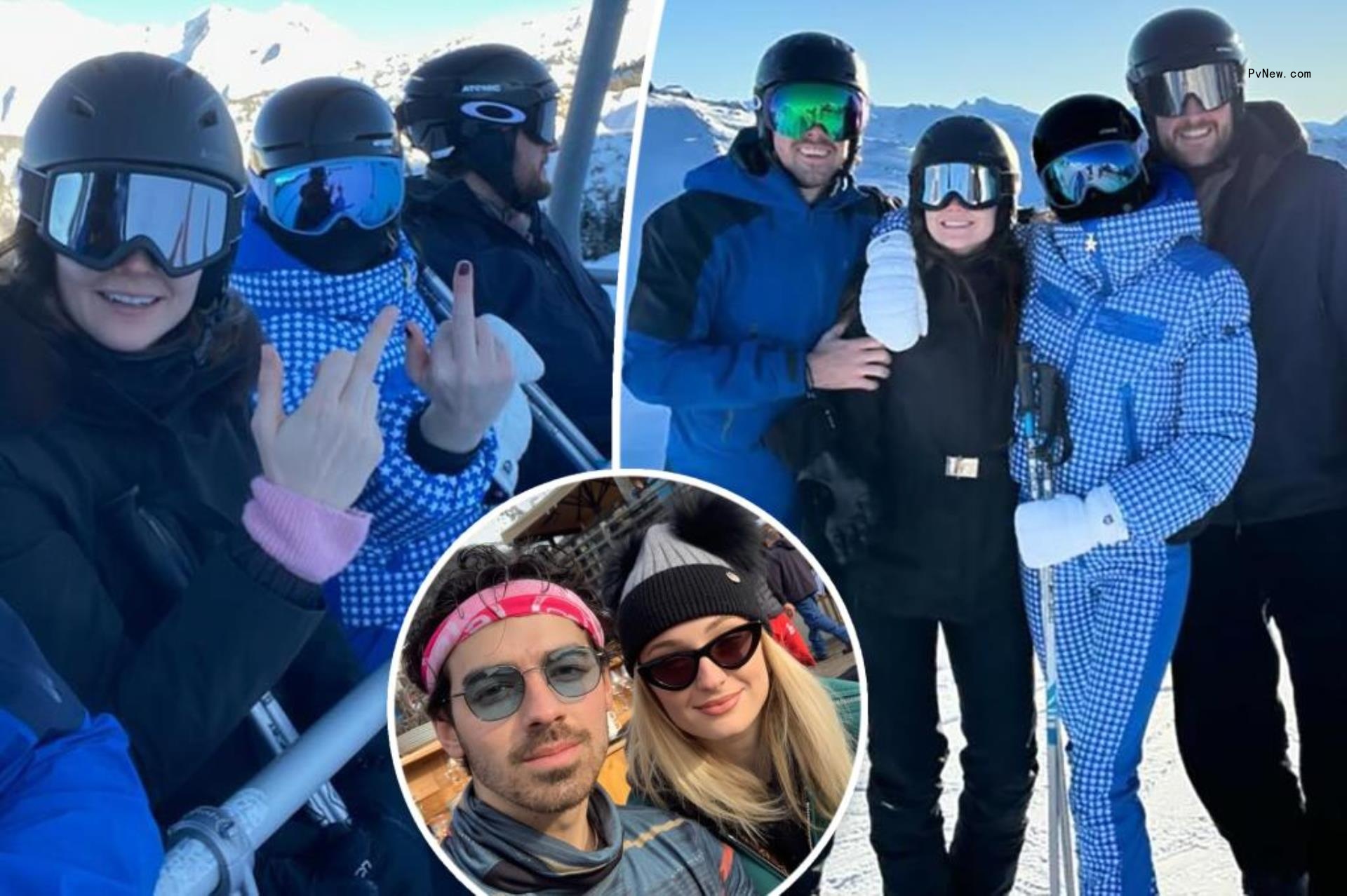 A split photo of a selfie of Peregrine Pearson and Sophie Turner and another photo of Sophie Turner posing with Peregrine Pearson and a small selfie of Sophie Turner and Joe Jonas