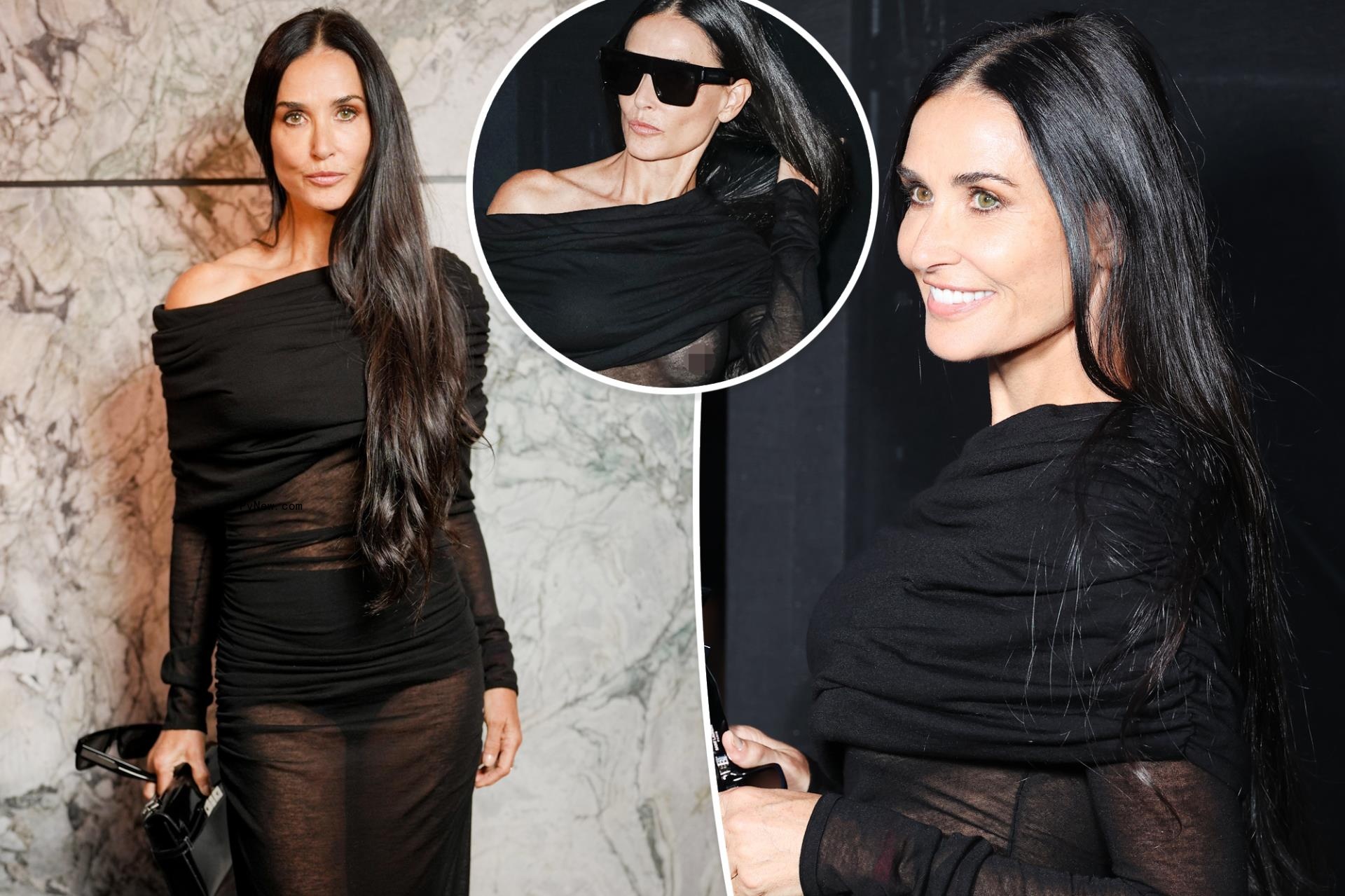 Demi Moore suffers wardrobe malfunction in sheer dress during Paris Fashion Week
