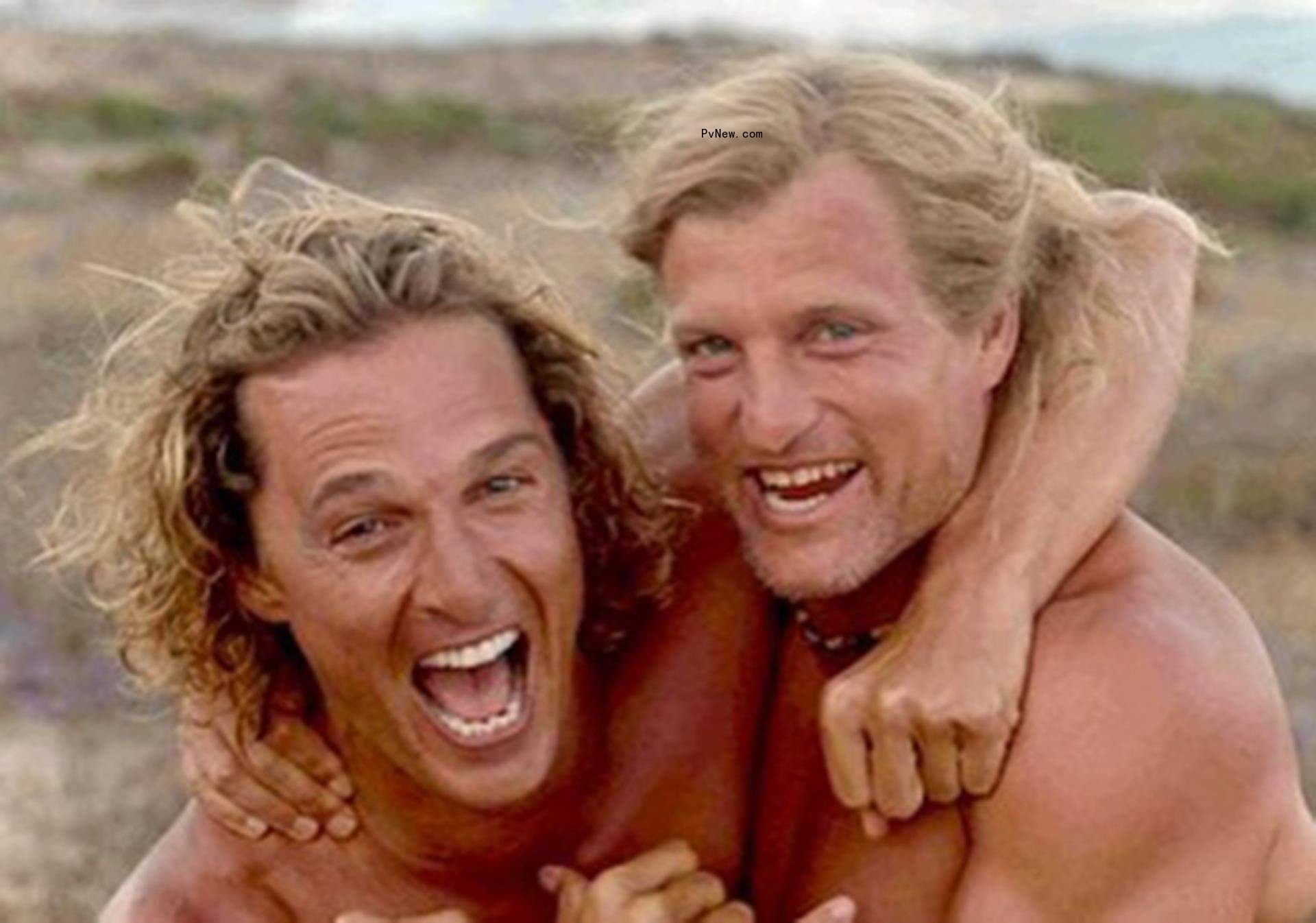 Matthew McCo<i></i>naughey and Woody Harrelson hug shirtless