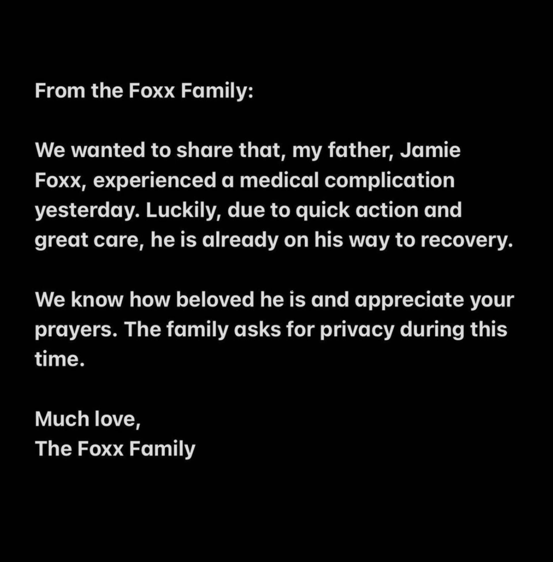 Jamie Foxx's daughter's Instagram post