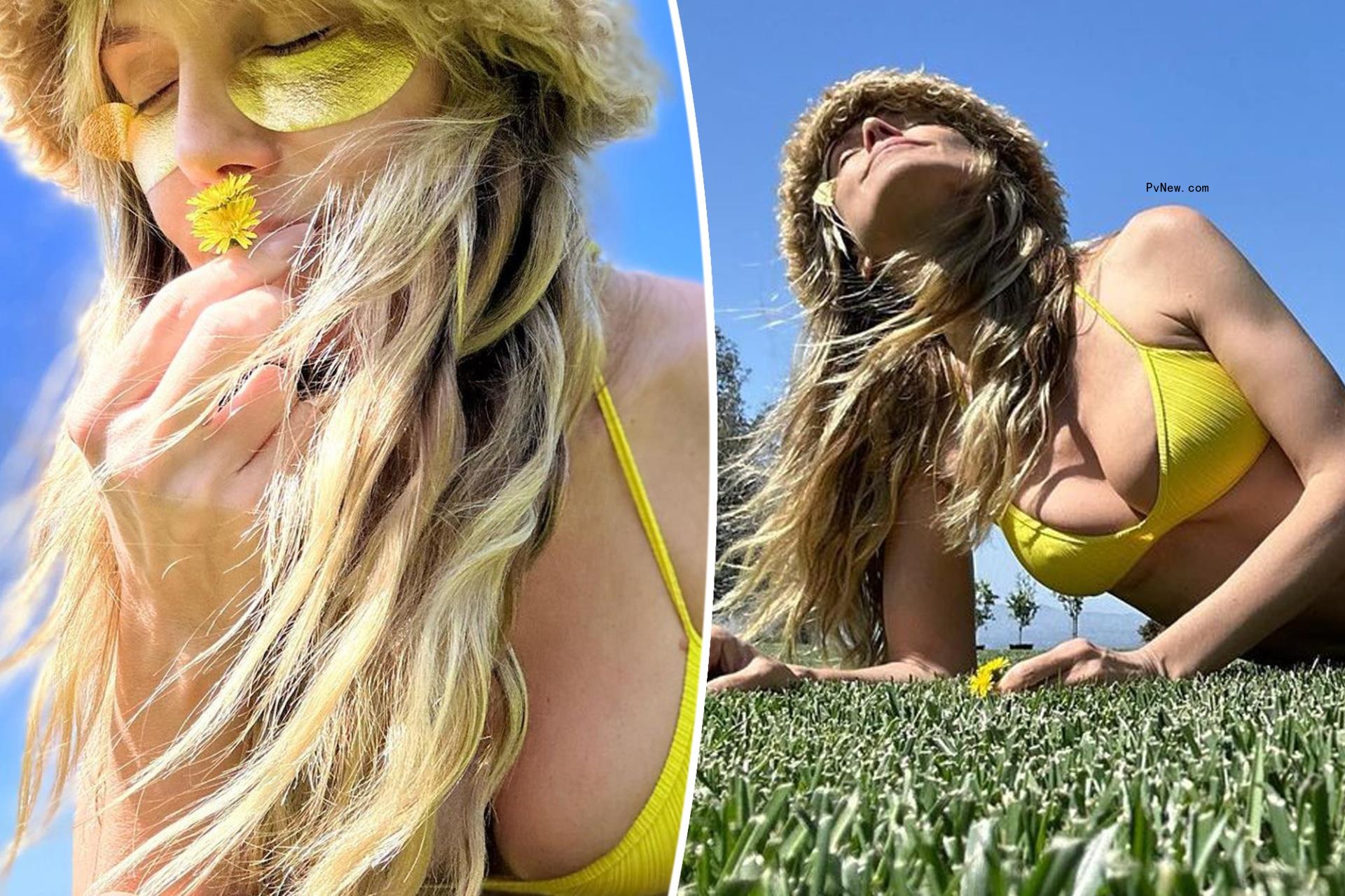 Heidi Klum frolics in the grass wearing a yellow bikini