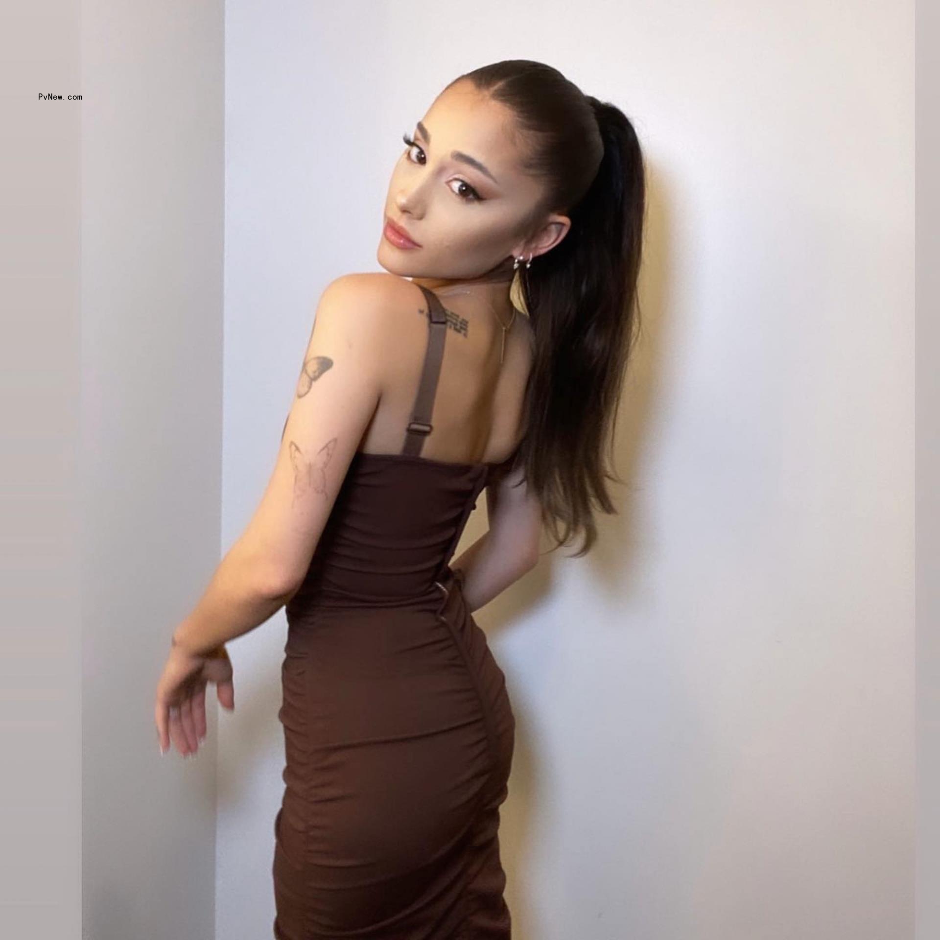 Ariana Grande poses in brown dress