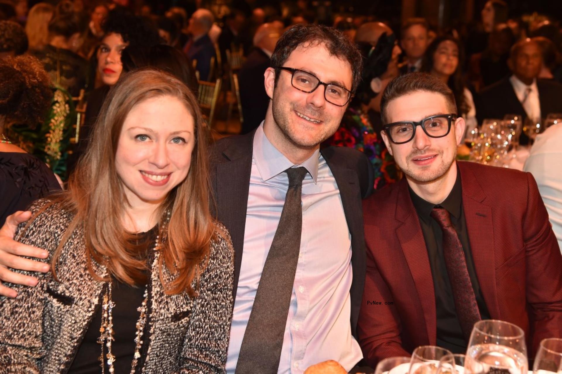 Chelsea Clinton, husband Marc Mezvinsky and Soros pose together